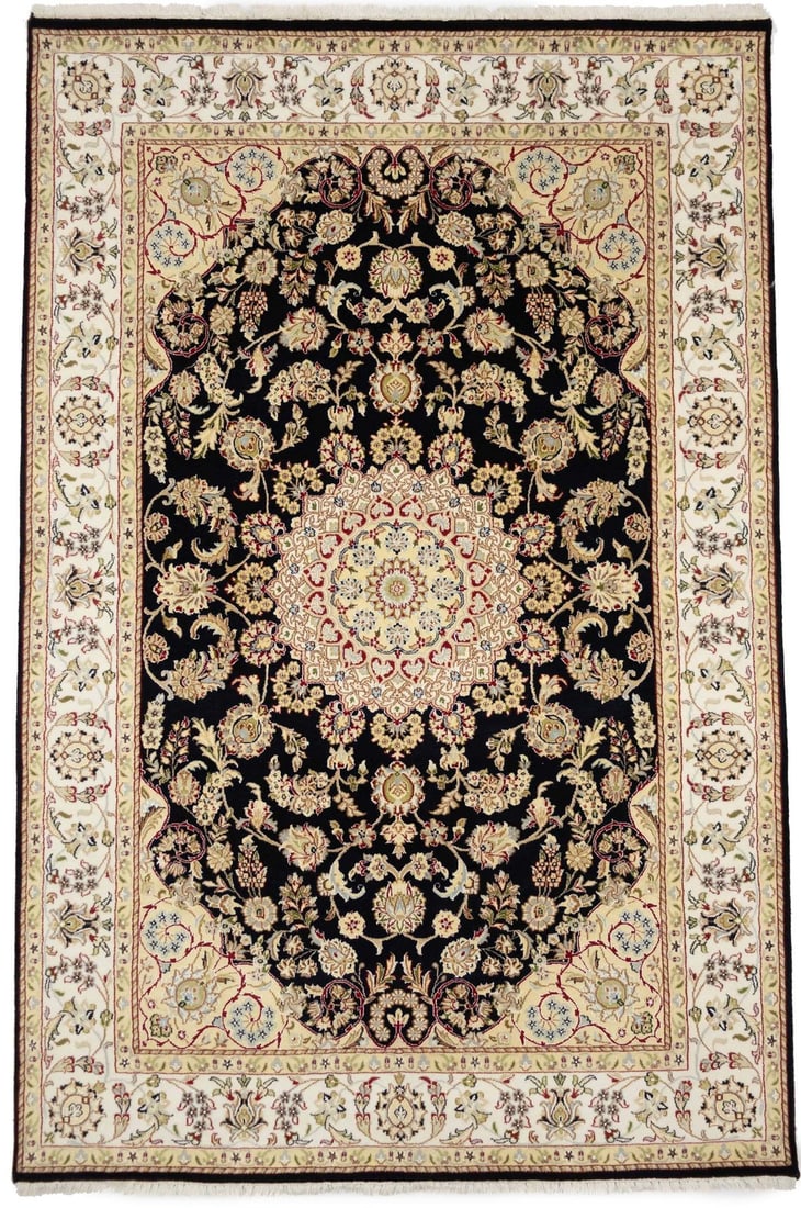 Handmade Black Floral Design Wool Silk Rug 6x9 ft: Handmade Black Floral Design Wool Silk Rug 6x9 ft Enhance your living space with this stunning Handmade Black Indo-Nain Wool Rug featuring a beautiful floral design. Measuring 5'11" x 9'0" (approximat