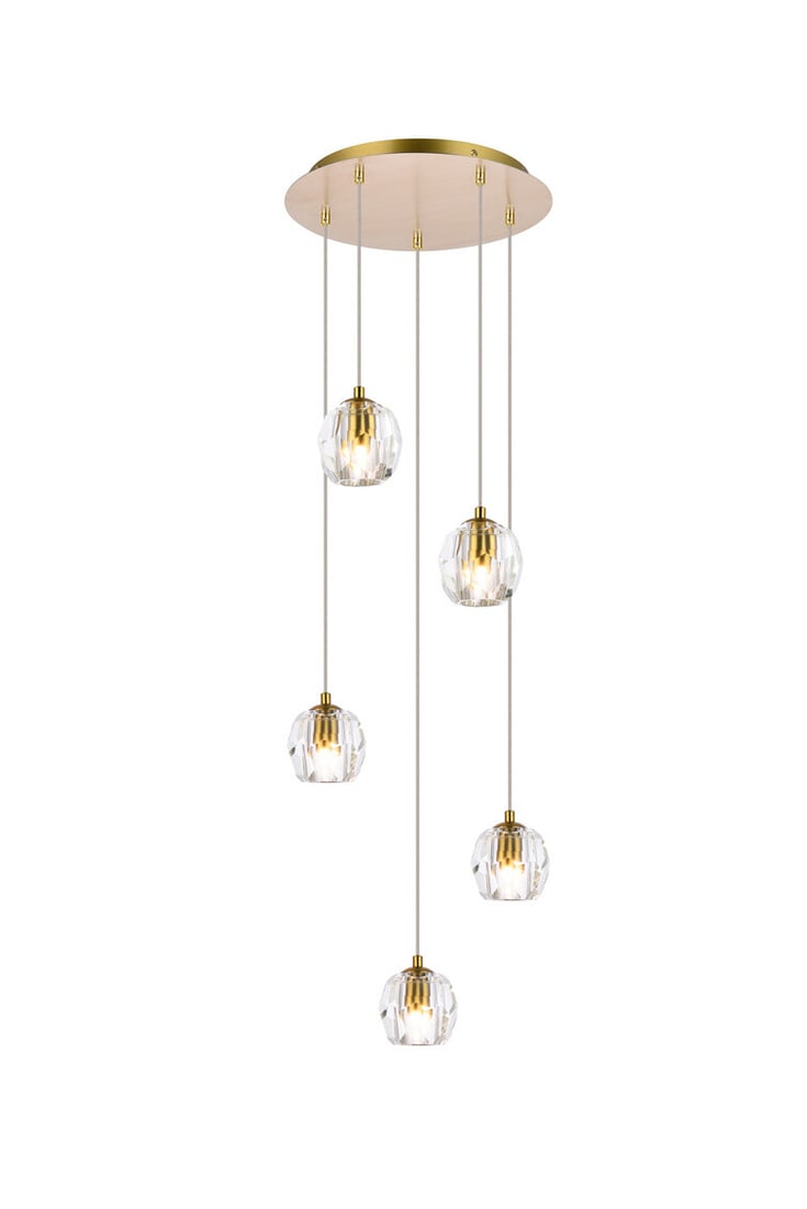 Eren 5-Light Gold Crystal Pendant Chandelier Adjustable Height: Eren 5-Light Gold Crystal Pendant Chandelier Adjustable Height This modern pendant chandelier features five lights and a striking combination of gold and clear crystal finishes. Designed with adjustab