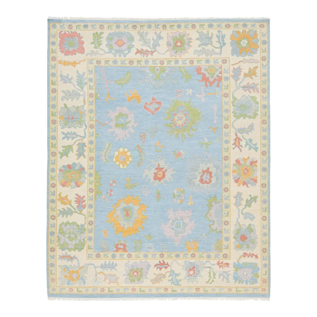 8x10 Hand Knotted Wool Oushak Style Rug Blue Cream Floral: 8x10 Hand Knotted Wool Oushak Style Rug Blue Cream Floral Modern Oushak style hand-knotted wool rug with a sky blue field, oversized floral motifs in sage green, apricot, lavender, and muted gold, and