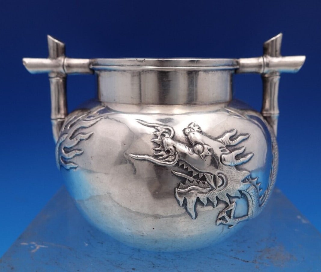 Hung Chong Chinese Export Silver Sugar Bowl with Dragon and Bamboo Design: Hung Chong Chinese Export Silver Sugar Bowl with Dragon and Bamboo Design This exquisite Chinese Export Sterling Silver Sugar Bowl, crafted by Hung Chong, showcases the artistry of the late 19th to ea