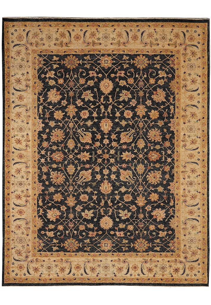 9 x 11.5 Zigler Chobi Peshawar Rug Hand Knotted Wool Charcoal Black Gold: 9 x 11.5 Zigler Chobi Peshawar Rug Hand Knotted Wool Charcoal Black Gold Free continental US Shipping This 9 x 11.5 Quality Zigler Chobi Peshawar Rug features a classic hand-knotted design with balanc