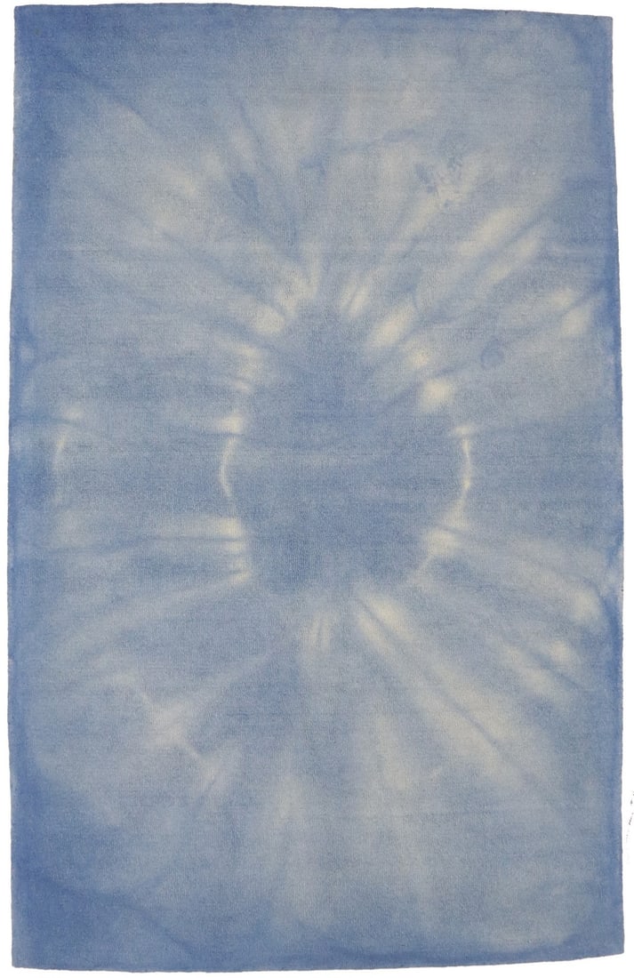 Blue Hand-Tufted Wool Area Rug 5x8 Modern Geometric Pattern for Kids Room: Blue Hand-Tufted Wool Area Rug 5x8 Modern Geometric Pattern for Kids Room This modern area rug features an abstract tie-dye design in blue tones, hand-tufted from wool for a soft, durable feel. Design