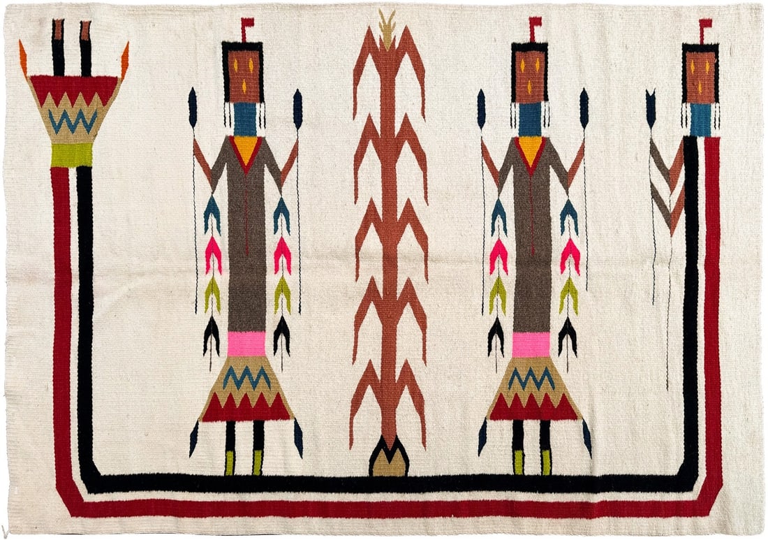 Circa 1940 Yei Navajo Wool Tapestry 119cm x 170cm Handmade: Circa 1940 Yei Navajo Wool Tapestry 119cm x 170cm Handmade Vintage Yei Navajo flat-woven handmade tapestry rug, circa 1940, featuring a Navajo pattern with geometric design and ceremonial figures. It 