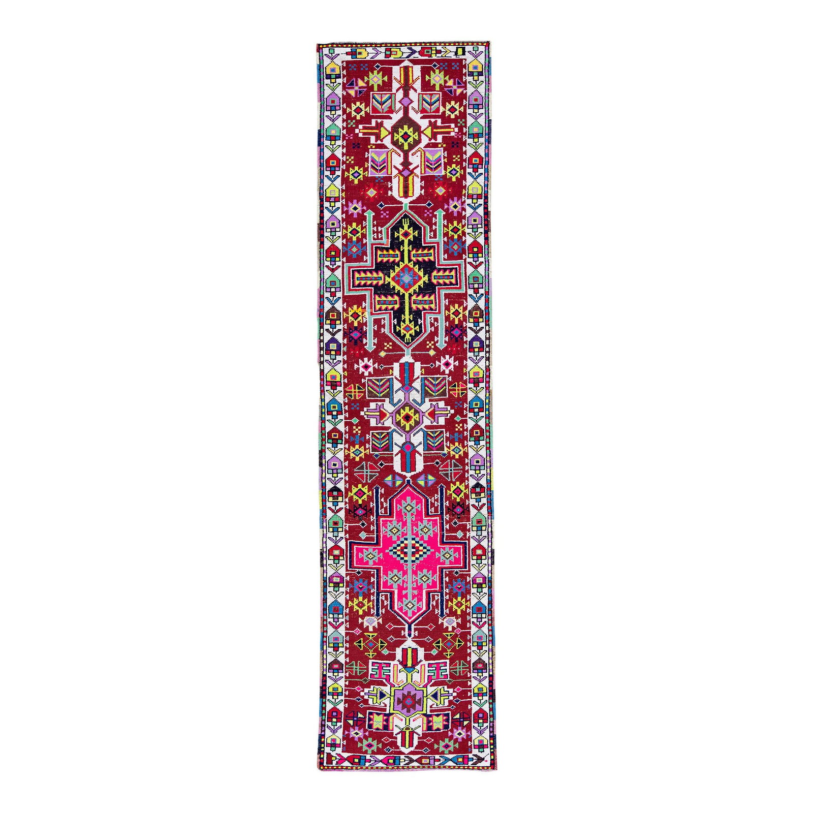 Vintage Turkish Handmade Wool Runner Red Multicolor Geometric Design 2'8 x 11': Vintage Turkish Handmade Wool Runner Red Multicolor Geometric Design 2'8 x 11' This stunning vintage Turkish runner rug features a rich red field complemented by a beautifully designed white frame. It