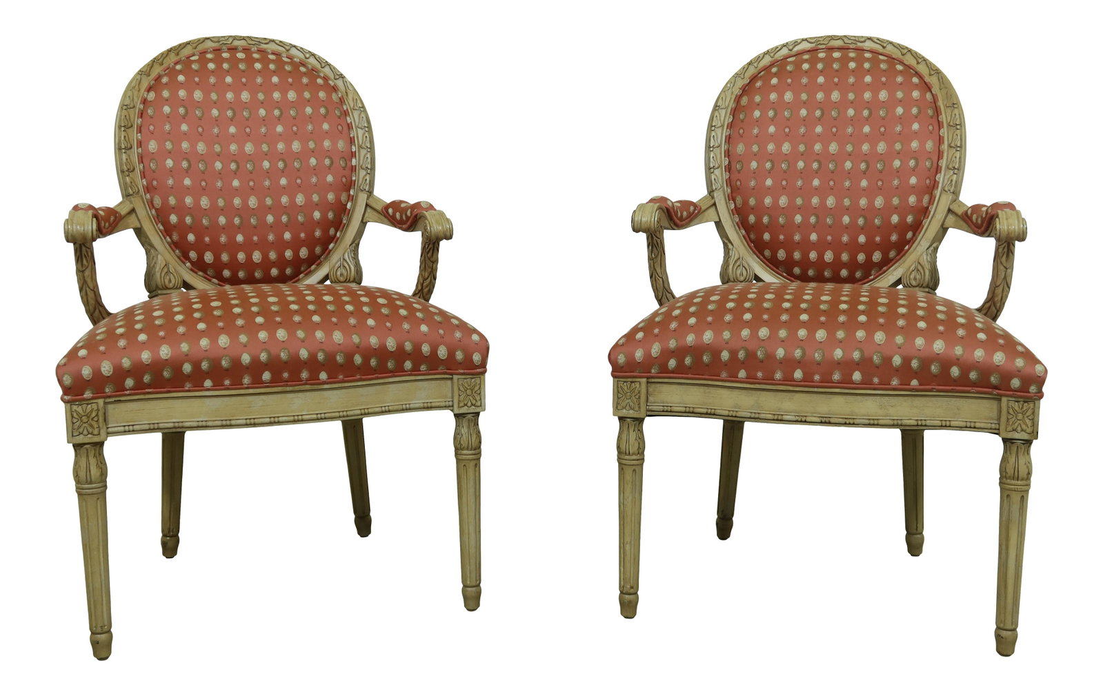 Elegant Pair of French Louis XVI Style Open Armchairs: Elegant Pair of French Louis XVI Style Open Armchairs This exquisite pair of French Louis XVI style decorator open armchairs showcases an unusual open arm design, making them a striking addition to an