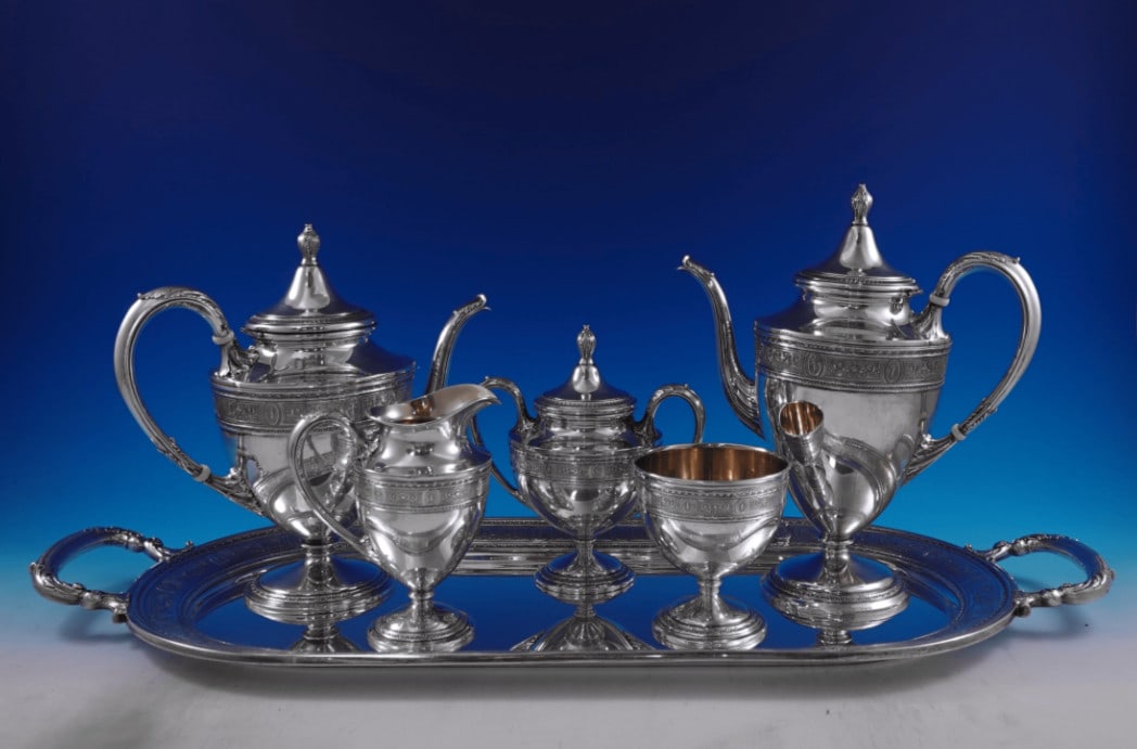 International Wedgwood sterling silver 6 piece tea coffee service: International Wedgwood sterling silver 6 piece tea coffee service This is a Wedgwood pattern sterling silver six-piece tea and coffee set by International, crafted in the United States between 1900 an