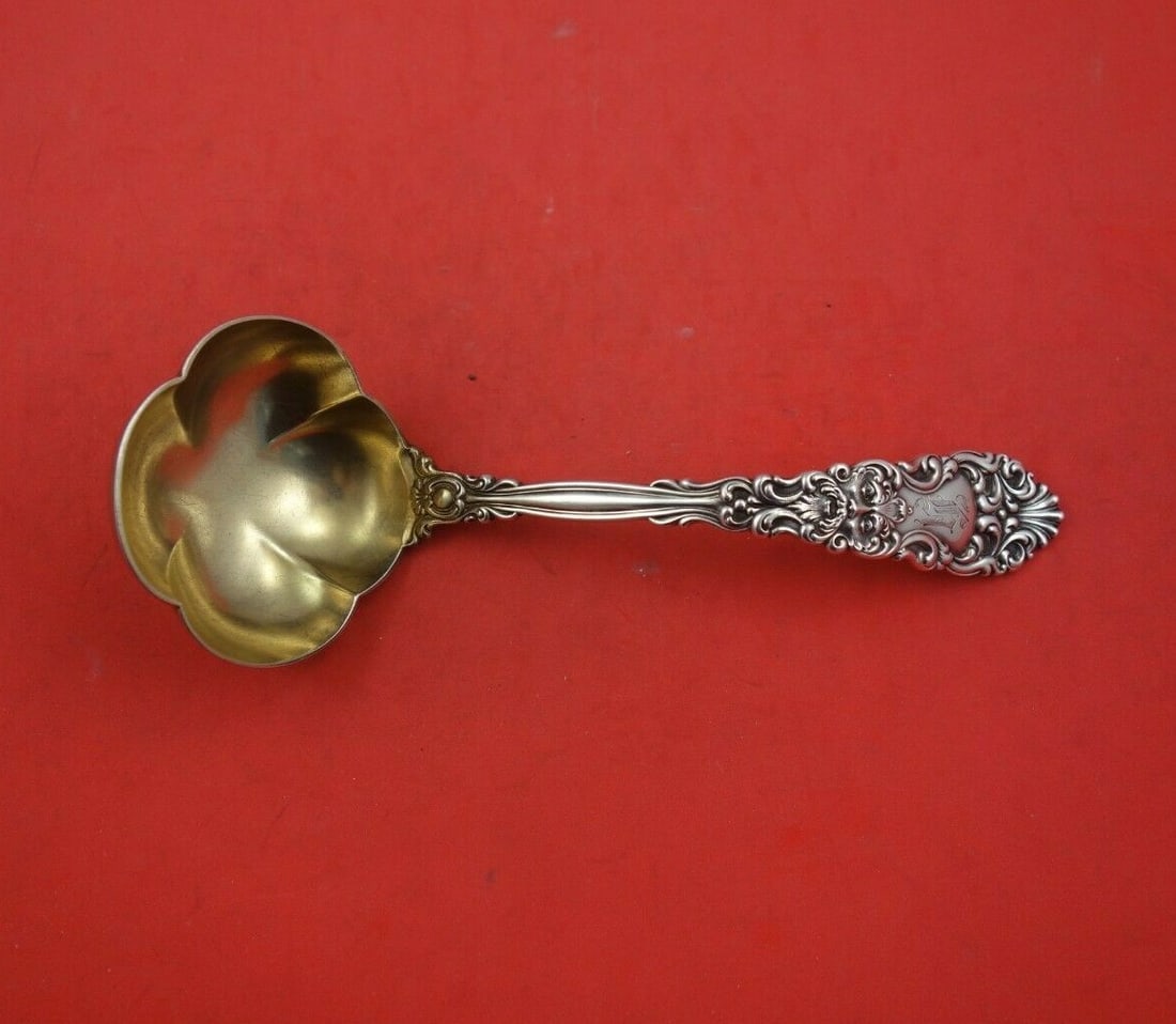 Dominick and Haff Renaissance Sterling Silver Gravy Ladle Gold Washed 7 1/4": Dominick and Haff Renaissance Sterling Silver Gravy Ladle Gold Washed 7 1/4" Sterling silver gravy ladle in the Renaissance pattern by Dominick & Haff. It features a gold-washed finish, measures 7 1/4