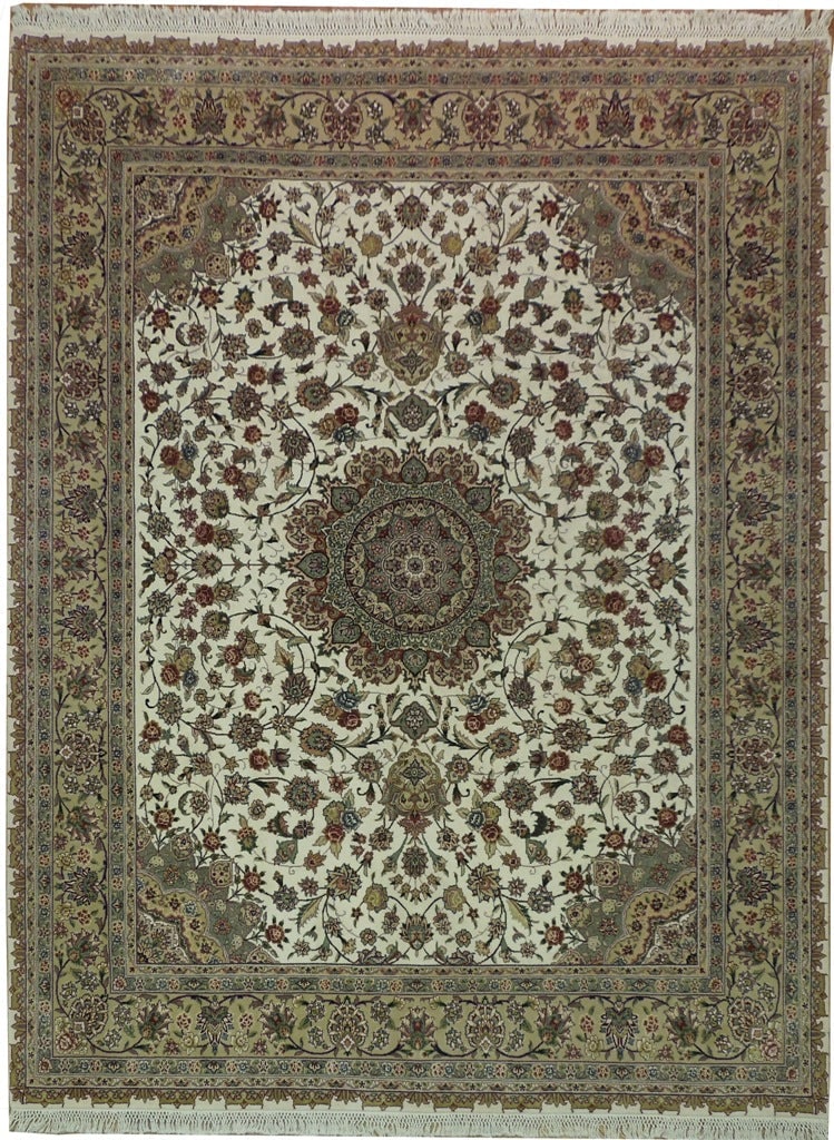 7.9 x 10 Hand-Knotted Sino Tabriz Wool and Silk Rug: 7.9 x 10 Hand-Knotted Sino Tabriz Wool and Silk Rug Free continental US Shipping This fine quality Sino Tabriz rug is hand-knotted from wool and silk, featuring a Persian-Chinese fusion design with in