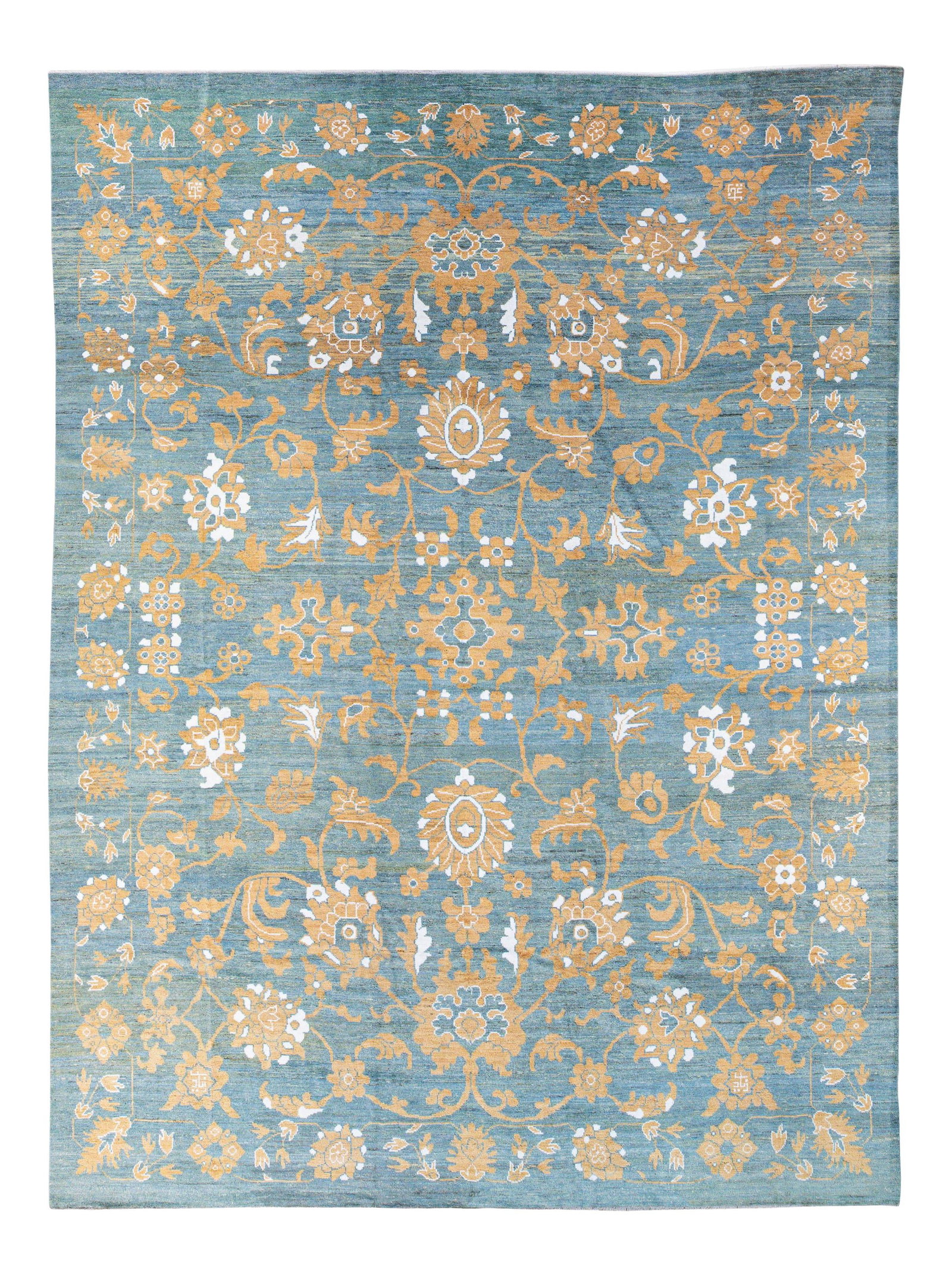 Stunning Modern Oushak Blue Wool Rug 12'1" x 16'4" Floral Design: Stunning Modern Oushak Blue Wool Rug 12'1" x 16'4" Floral Design This exquisite modern Oushak rug features a vibrant blue field adorned with a stunning floral pattern in orange and ivory accents. Hand