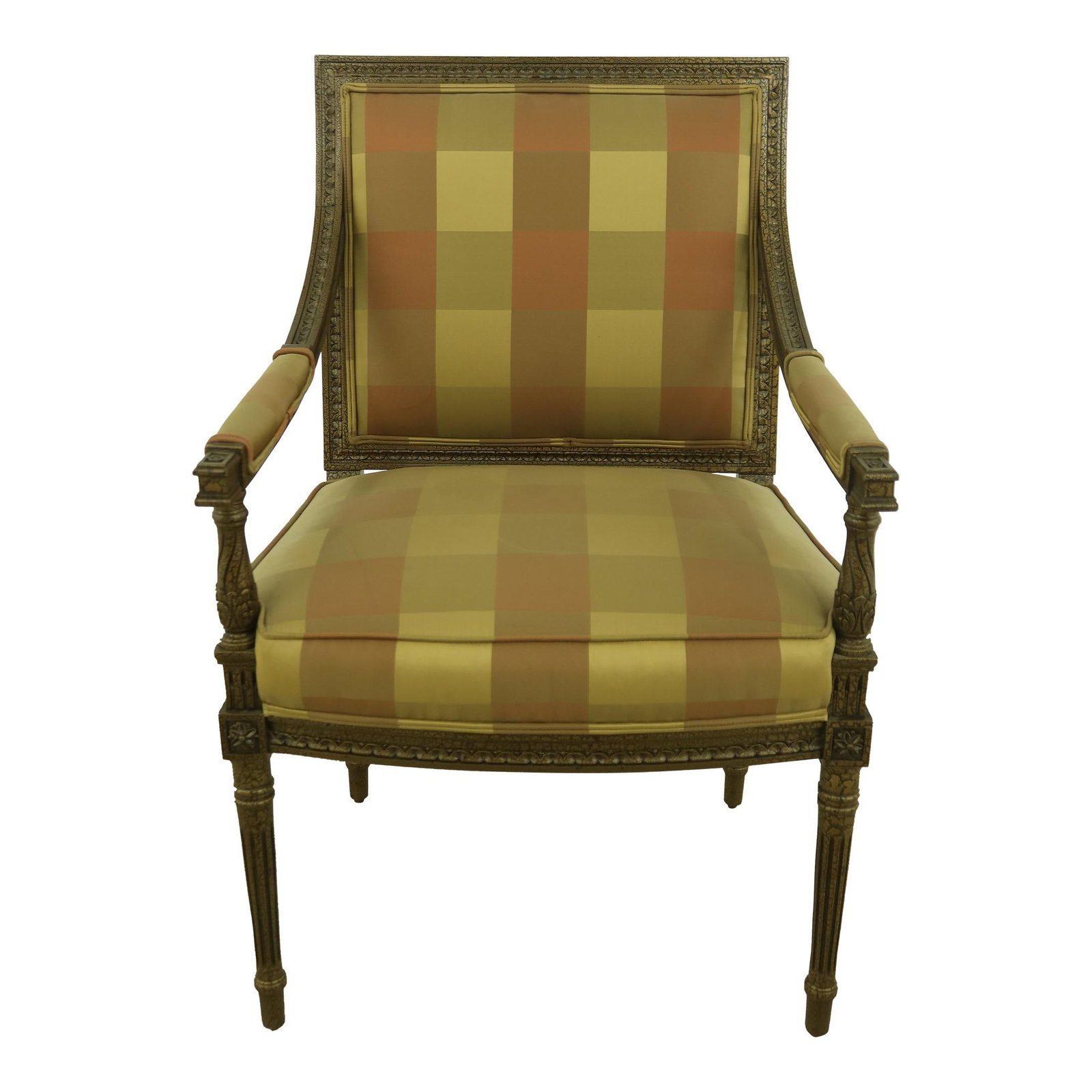 Elegant French Louis XVI Style Open Armchair Gold Black Crackle Finish: Elegant French Louis XVI Style Open Armchair Gold Black Crackle Finish This exquisite French Louis XVI Style Open Armchair showcases a stunning gold and black crackle paint finish. With a classic 18th