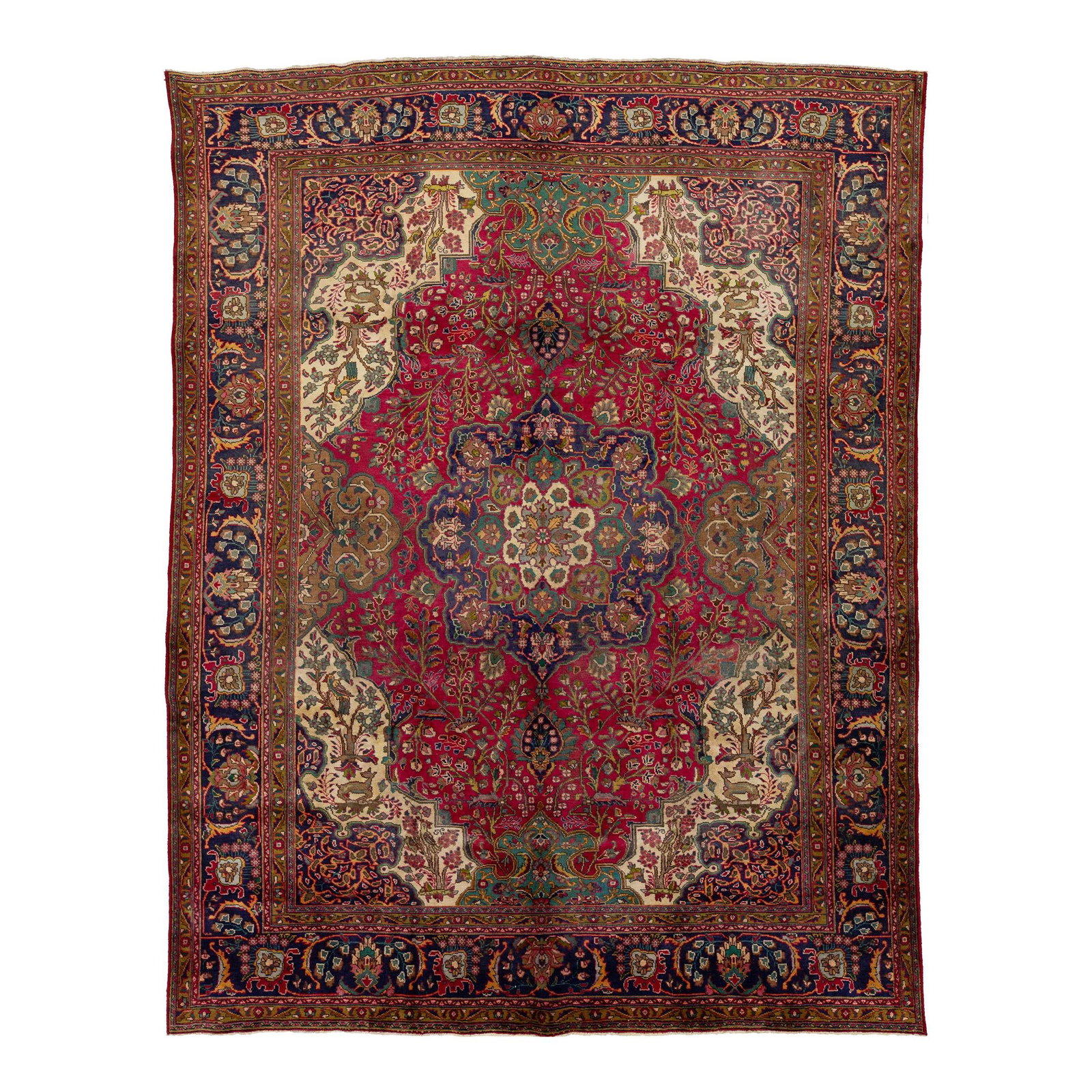 Vintage Handmade Persian Tabriz Wool Rug 9'9 x 12'9 Red Floral Design: Vintage Handmade Persian Tabriz Wool Rug 9'9 x 12'9 Red Floral Design This vintage handmade Persian wool rug showcases a striking red field embellished with an intricate all-over floral design, comple