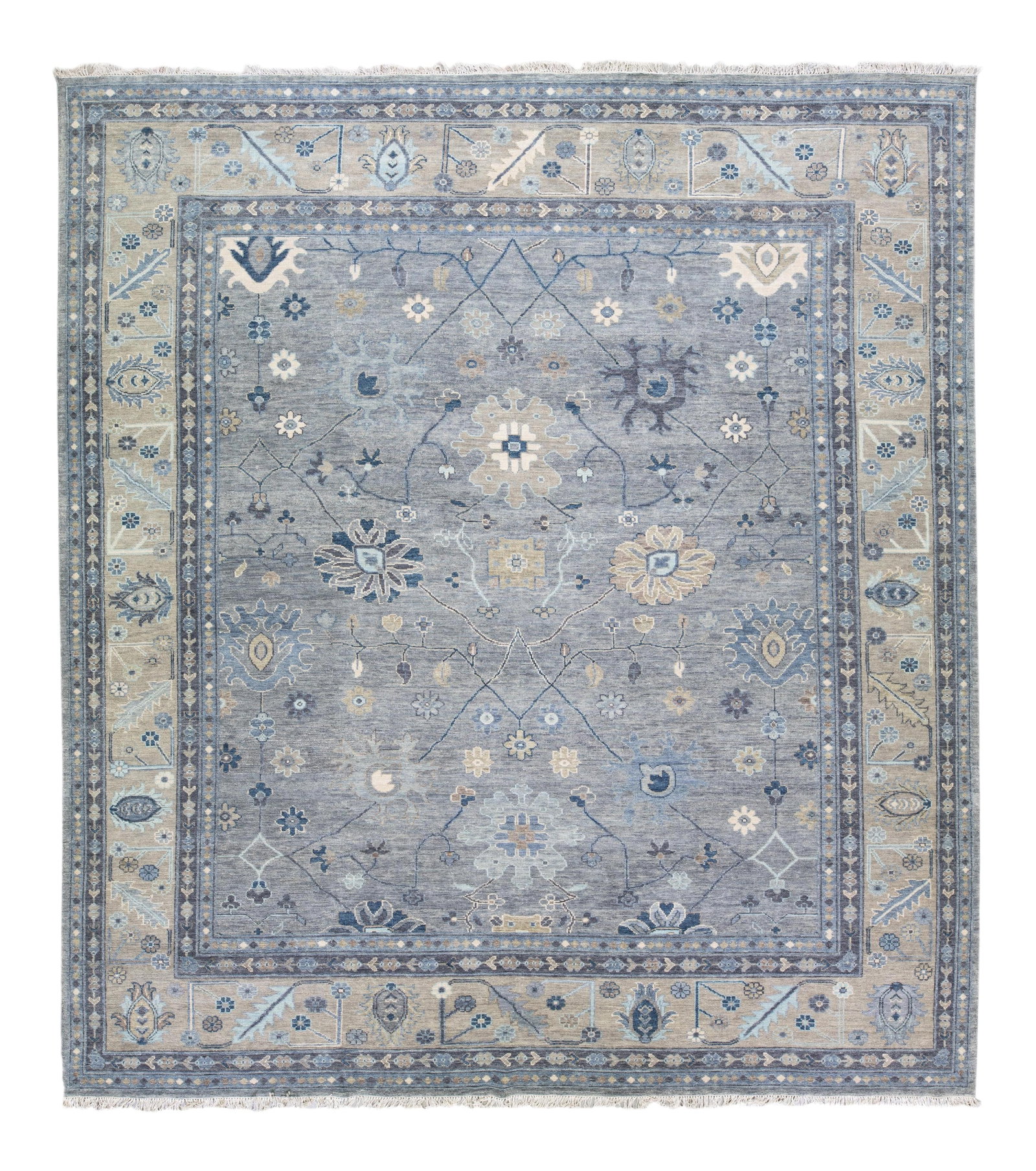 Oversized Modern Oushak Wool Rug Gray Beige Floral Design 13' x 15': Oversized Modern Oushak Wool Rug Gray Beige Floral Design 13' x 15' This stunning modern Oushak hand-knotted wool rug showcases a beautiful gray field accented with a beige designed frame and intricat