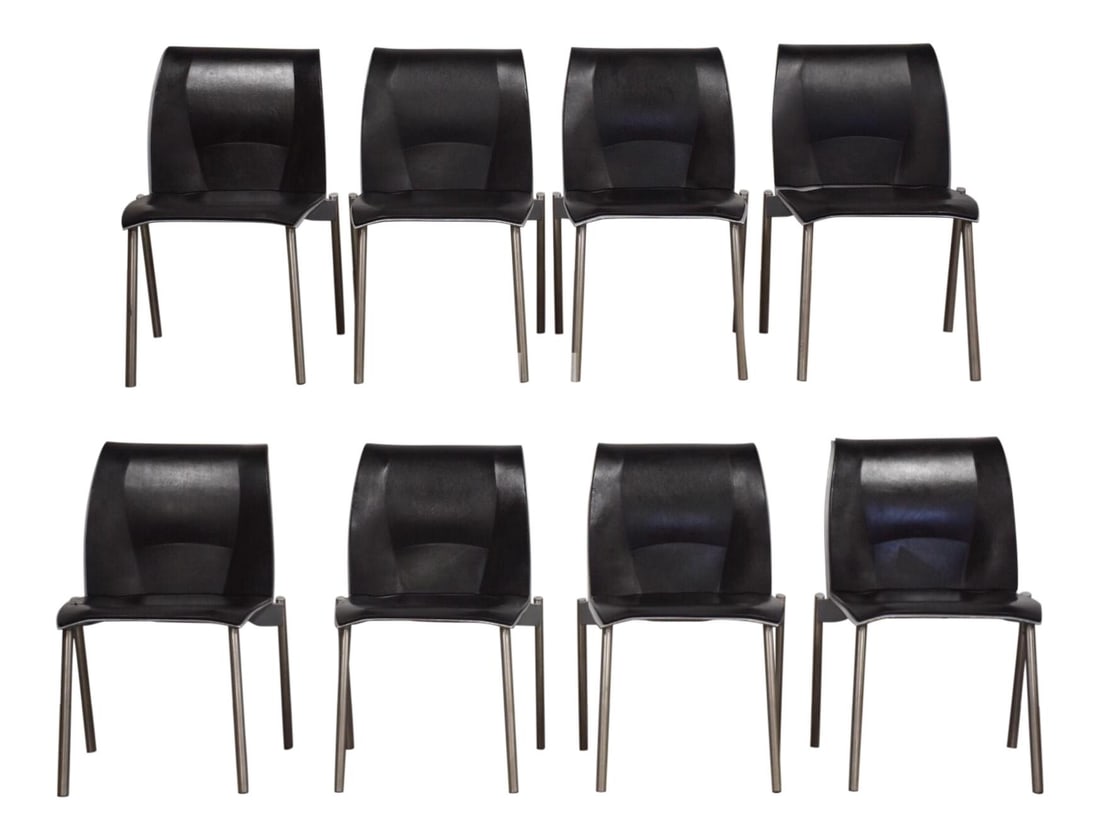 Knoll Studios Fog Dining Chairs Set of 8 Black Steel Leather: Knoll Studios Fog Dining Chairs Set of 8 Black Steel Leather This set of eight dining chairs combines a modern aesthetic with durability, featuring heavy brushed steel frames and comfortable leather p
