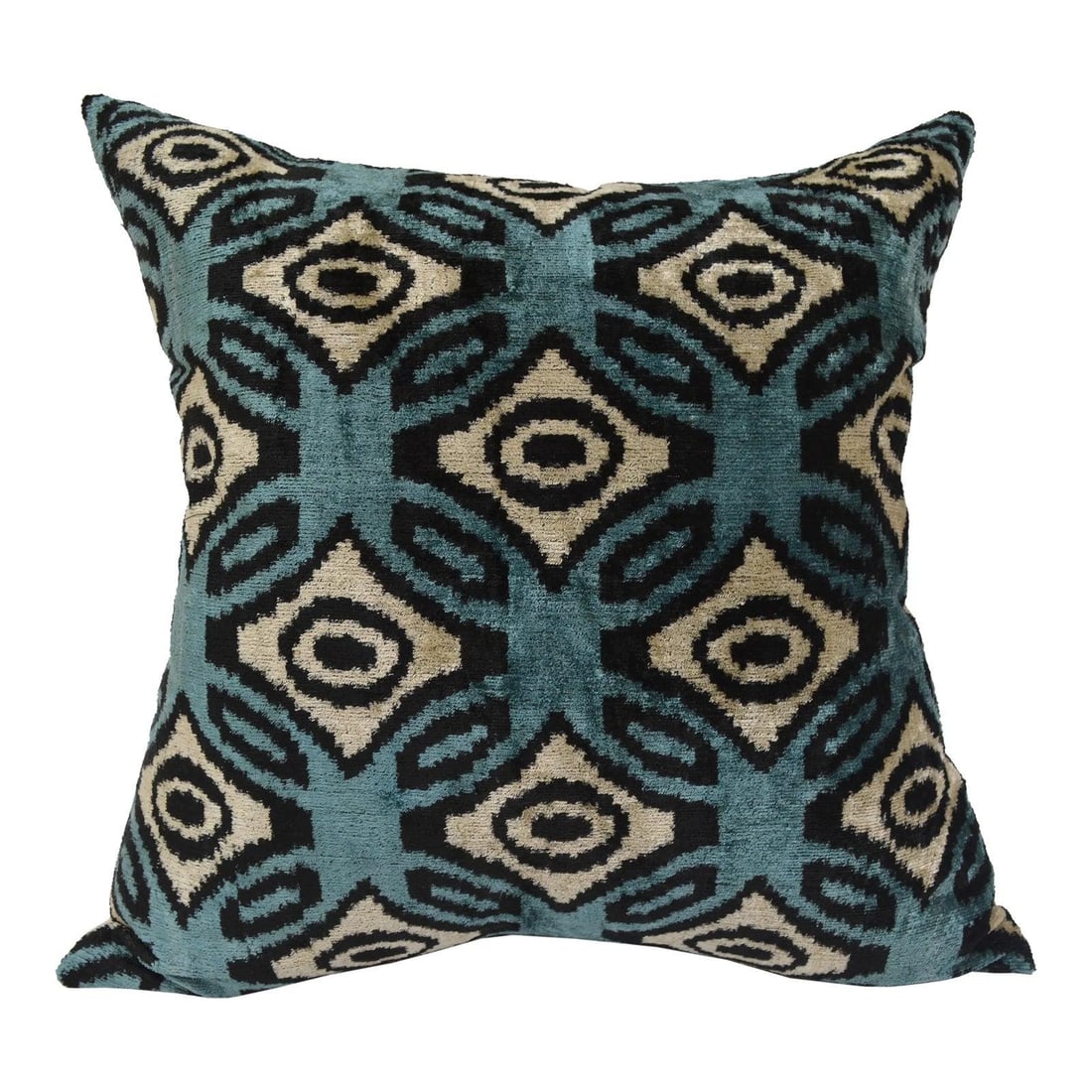 Cerulean Silk Ikat Velvet Pillow with Linen Backing and Feather Insert: Cerulean Silk Ikat Velvet Pillow with Linen Backing and Feather Insert This hand-made square pillow cushion features a luxurious Uzbek Ikat velvet front, complemented by a natural linen backing and a 
