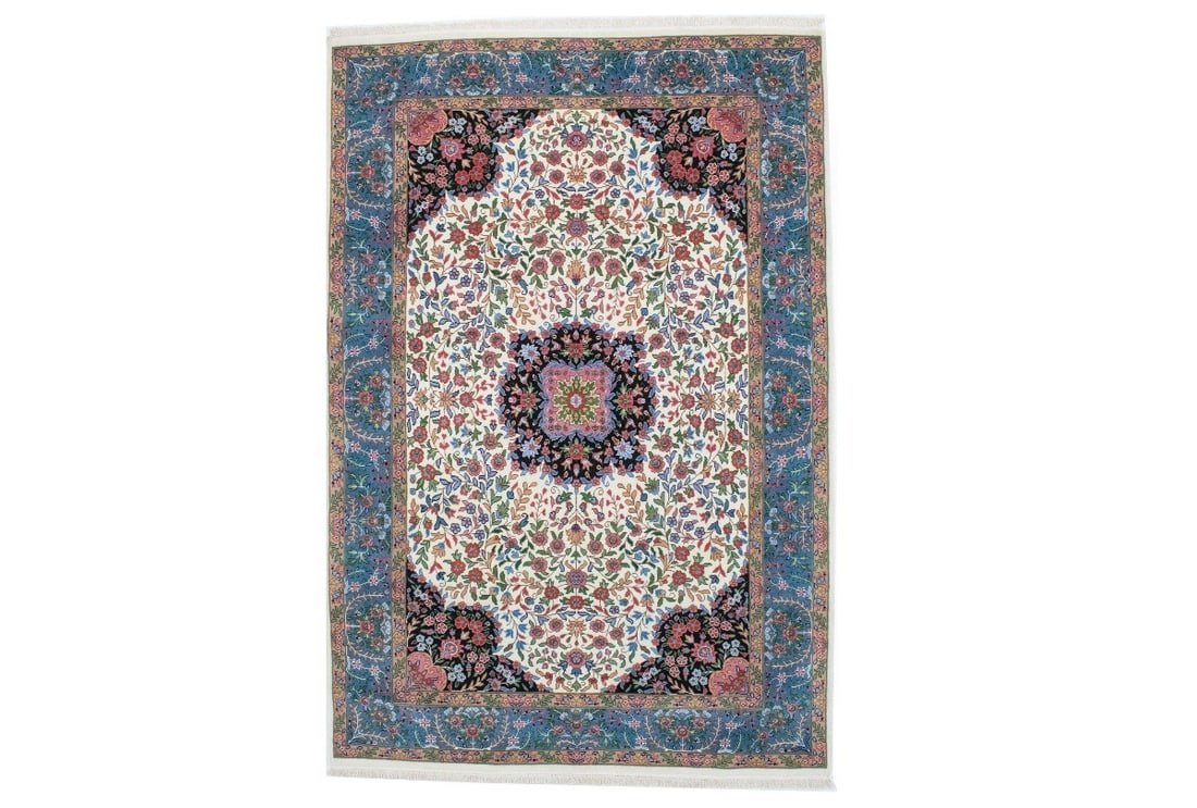 Hand-Knotted Wool Kirman Medallion Area Rug 3x4 ft Floral Oriental Carpet: Hand-Knotted Wool Kirman Medallion Area Rug 3x4 ft Floral Oriental Carpet This is a hand-knotted Kirman-style medallion area rug featuring a floral pattern in shades of cream, teal blue, green, pink, 