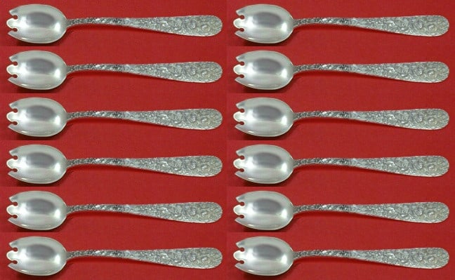 Stieff Rose Sterling Silver Ice Cream Forks Set 12 pcs 5 7/8 in: Stieff Rose Sterling Silver Ice Cream Forks Set 12 pcs 5 7/8 in Discover the elegance of the Rose by Stieff pattern with this exquisite custom set of 12 Sterling Silver Ice Cream Dessert Forks. Each f