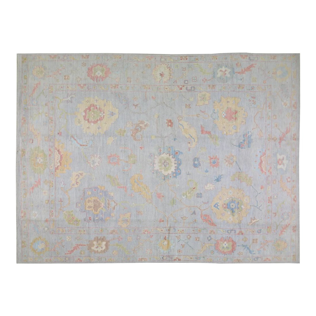 Gray Wool Oushak Area Rug Hand Knotted Turkish Design 12'1 x 14'9: Gray Wool Oushak Area Rug Hand Knotted Turkish Design 12'1 x 14'9 This Turkish Oushak rug is hand-knotted from wool using traditional techniques, combining artisanal craftsmanship with a contemporary 