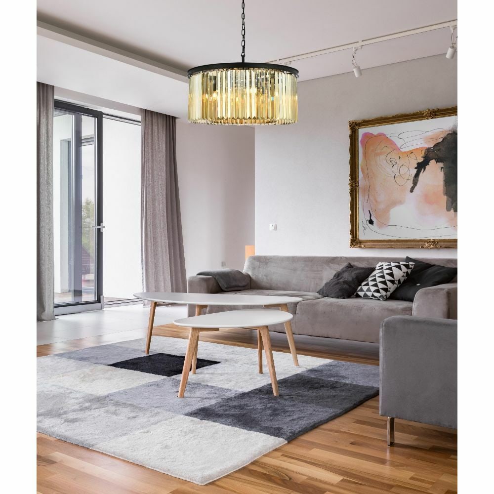 Sydney 8-Light Matte Black Crystal Chandelier: Sydney 8-Light Matte Black Crystal Chandelier This modern chandelier features a matte black frame adorned with high-quality golden teak royal cut crystals, creating a striking centerpiece ideal for di