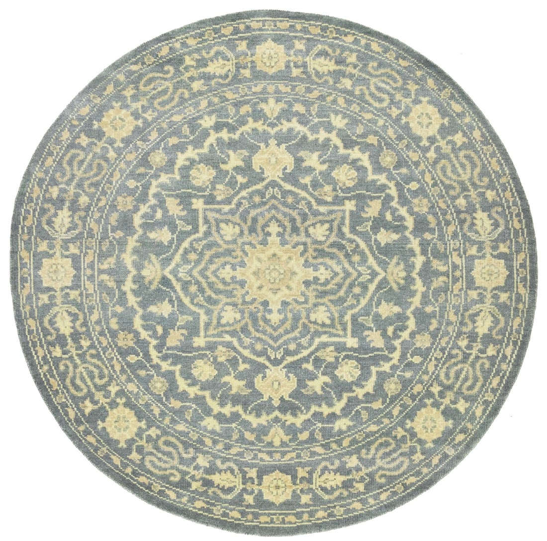 Hand-Knotted Floral Round Rug 8x8 ft Transitional Wool Carpet: Hand-Knotted Floral Round Rug 8x8 ft Transitional Wool Carpet Enhance your space with this exquisite round hand-knotted floral Oriental rug, perfect for modern interiors. Measuring 7'11" in diameter, 