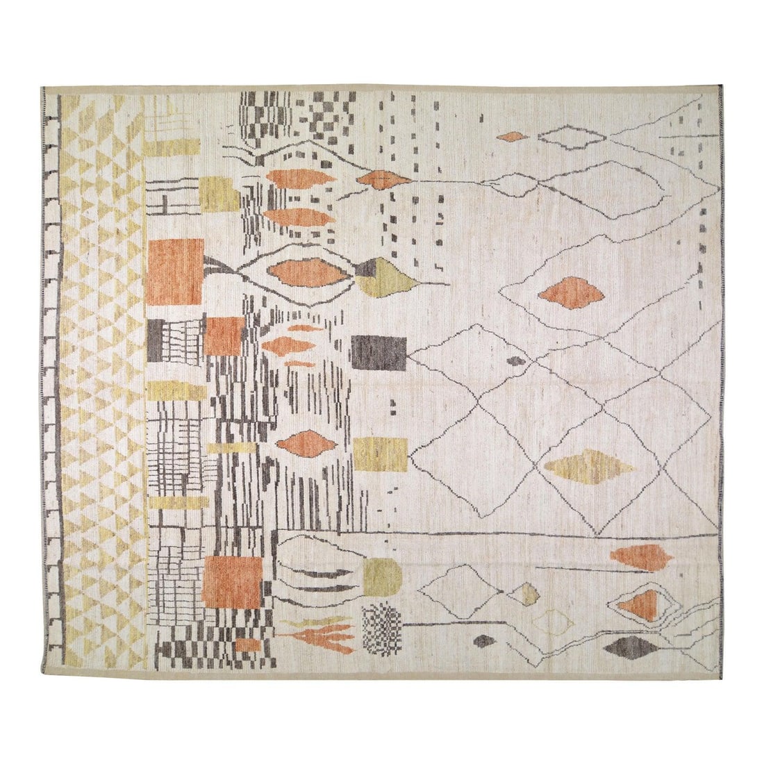 12'3 x 14'2 Wool Area Rug with Moroccan Hand-Knotted Design: 12'3 x 14'2 Wool Area Rug with Moroccan Hand-Knotted Design This Moroccan hand-knotted wool rug is crafted using traditional techniques, blending timeless artistry with a modern design sensibility. Th