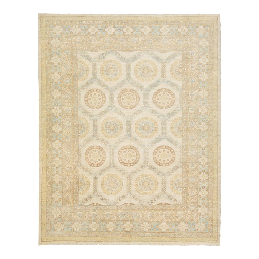 9'5" x 11'10" Hand-Knotted Wool Rug With Geometric Pattern Beige: 9'5" x 11'10" Hand-Knotted Wool Rug With Geometric Pattern Beige This modern Khotan hand-knotted wool rug features a beige field with an allover geometric design accented by light blue and tan tones. 