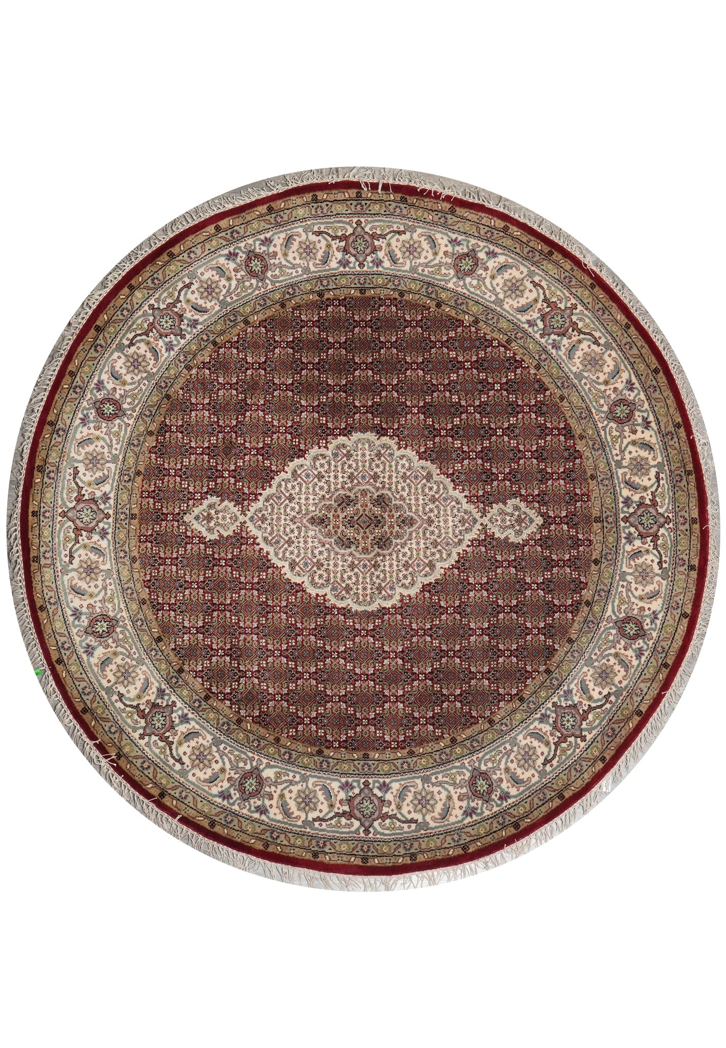 6 Feet Round Mahi Tabriz Rug Wool Silk Handmade India: 6 Feet Round Mahi Tabriz Rug Wool Silk Handmade India Free continental US Shipping This 6 feet round Mahi Tabriz quality rug features a classic Herati-style pattern and a handcrafted construction. Mad