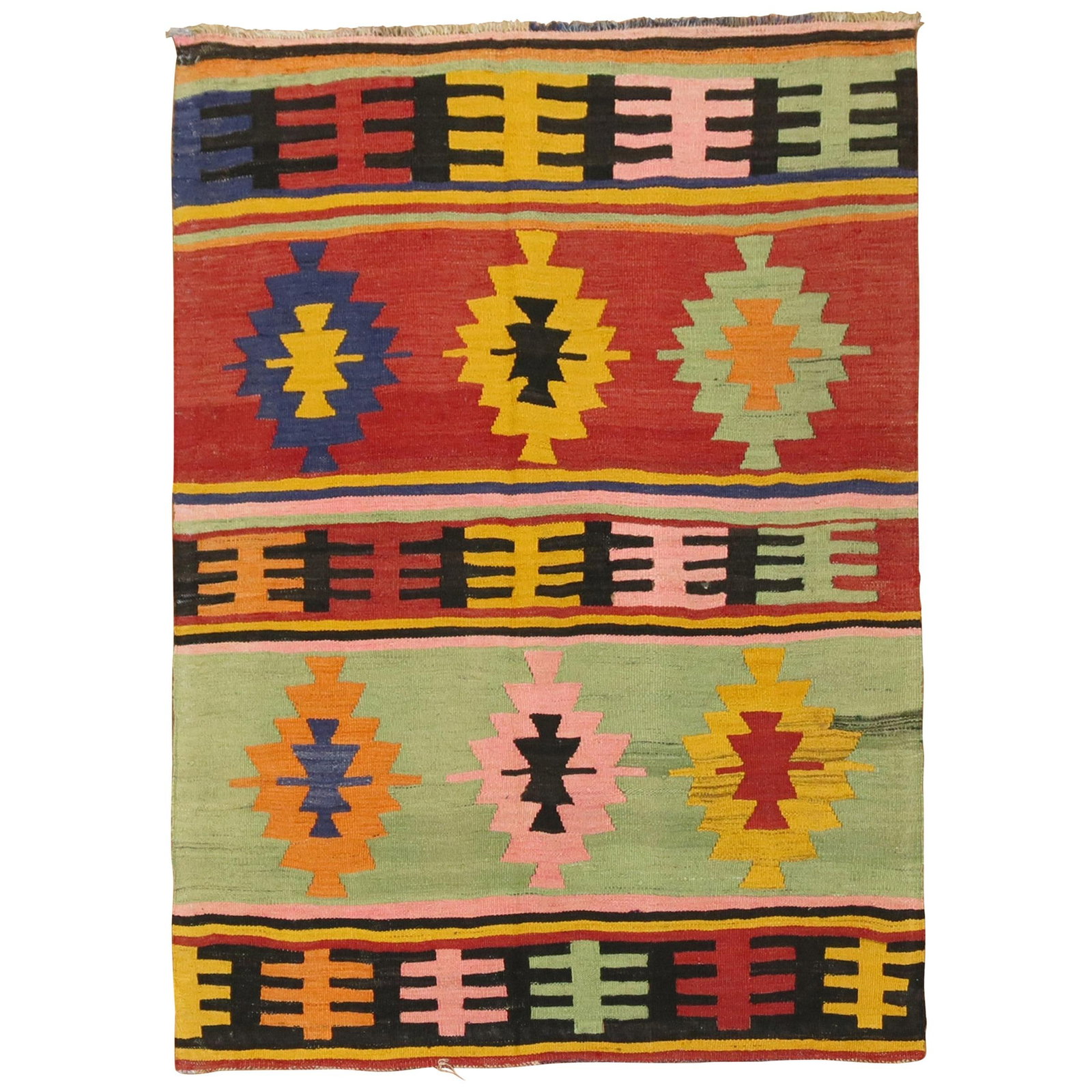 Mid-20th Century Turkish Kilim Wool Hand-Woven Archaistic Design 27 x 46: Mid-20th Century Turkish Kilim Wool Hand-Woven Archaistic Design 27 x 46 Discover the beauty of this mid-20th century Turkish Kilim, showcasing an array of bright colors and an archaistic style. Hand-