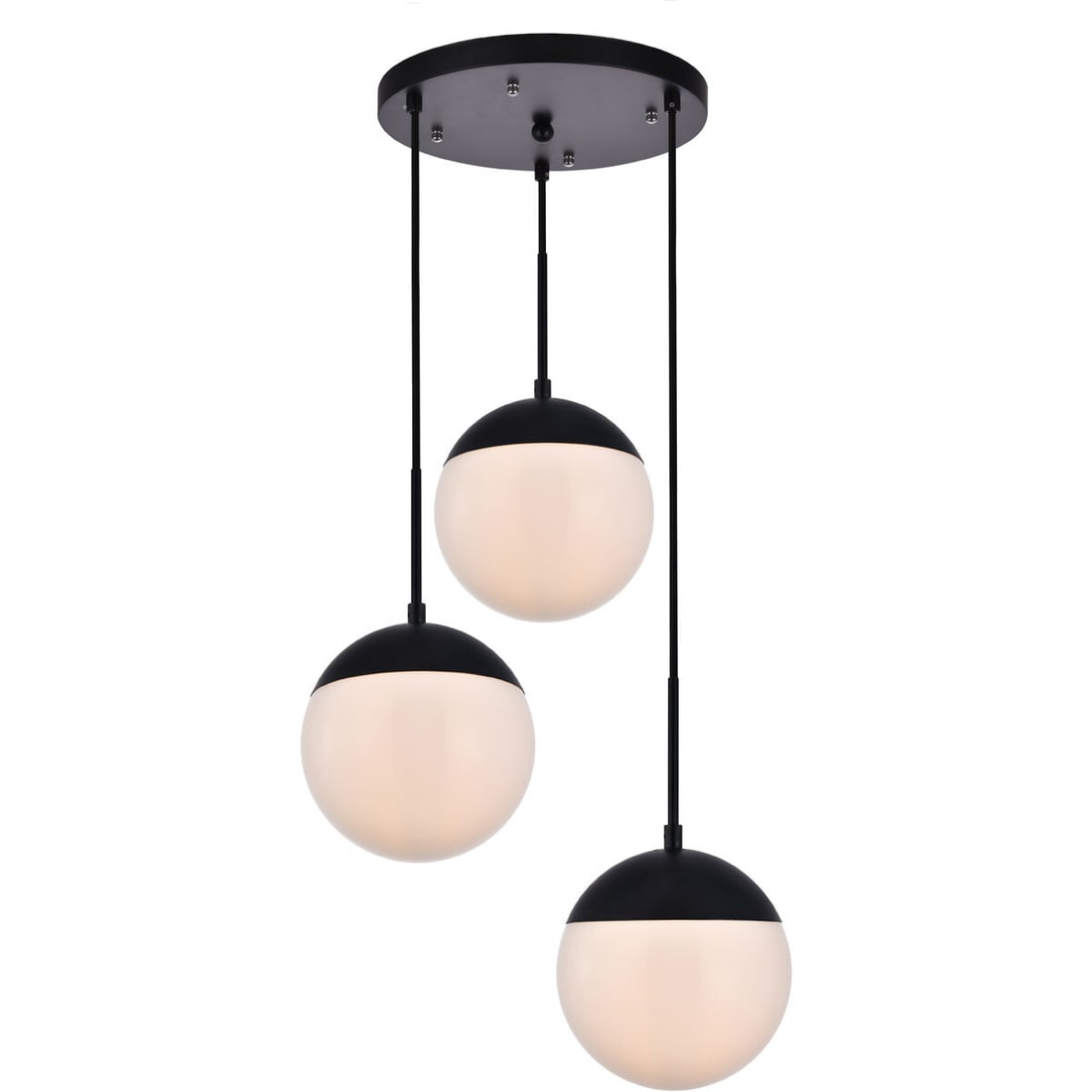 Eclipse 3 Light Black Frosted Glass Pendant Chandelier: Eclipse 3 Light Black Frosted Glass Pendant Chandelier This modern pendant chandelier features a sleek black finish complemented by round frosted white glass shades. Designed with three lights, it off