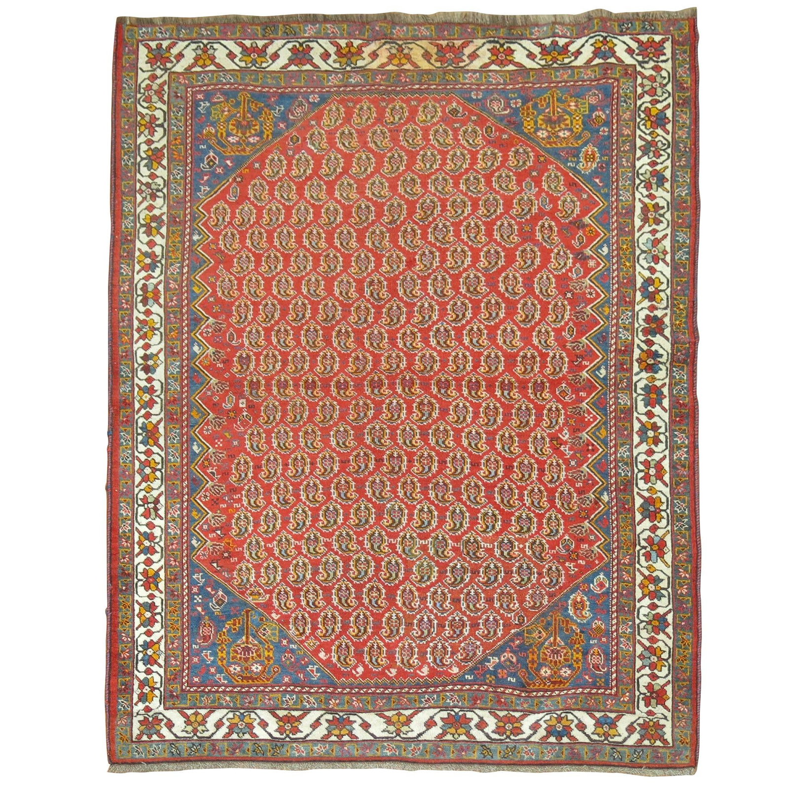 4' x 5'1" Armenian Hand-Woven Wool Tribal Rug circa 1910: 4' x 5'1" Armenian Hand-Woven Wool Tribal Rug circa 1910 Antique tribal rug from Armenia, hand-woven in wool and dating to circa 1910. It features a red and blue design with small running botehs spira