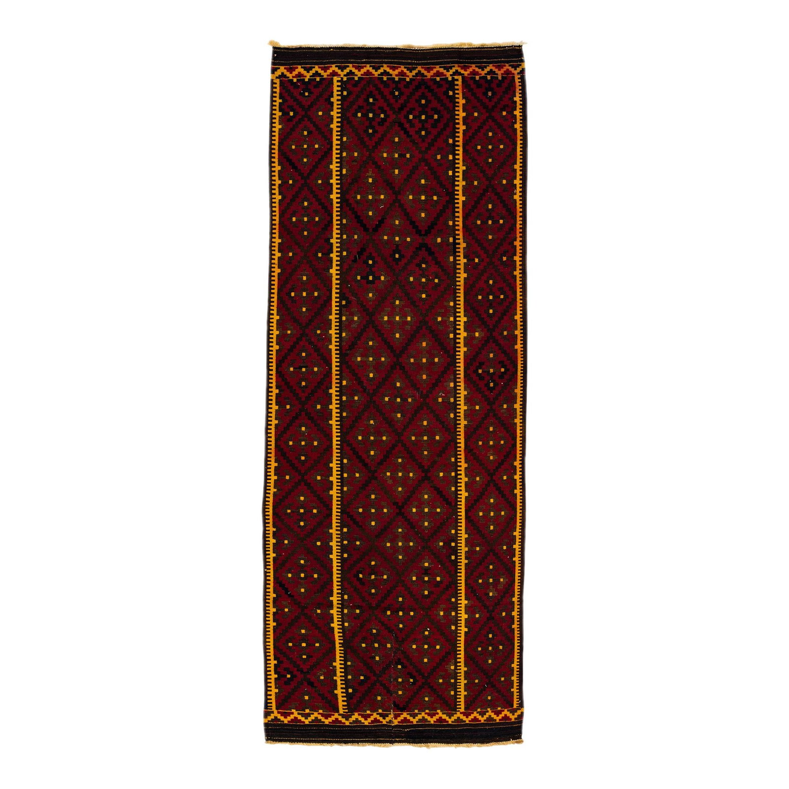 Vintage Mid-20th Century Turkish Kilim Wool Runner Red Tribal Design: Vintage Mid-20th Century Turkish Kilim Wool Runner Red Tribal Design This exquisite vintage Turkish Kilim runner features a striking red field adorned with a captivating all-over geometric tribal desi