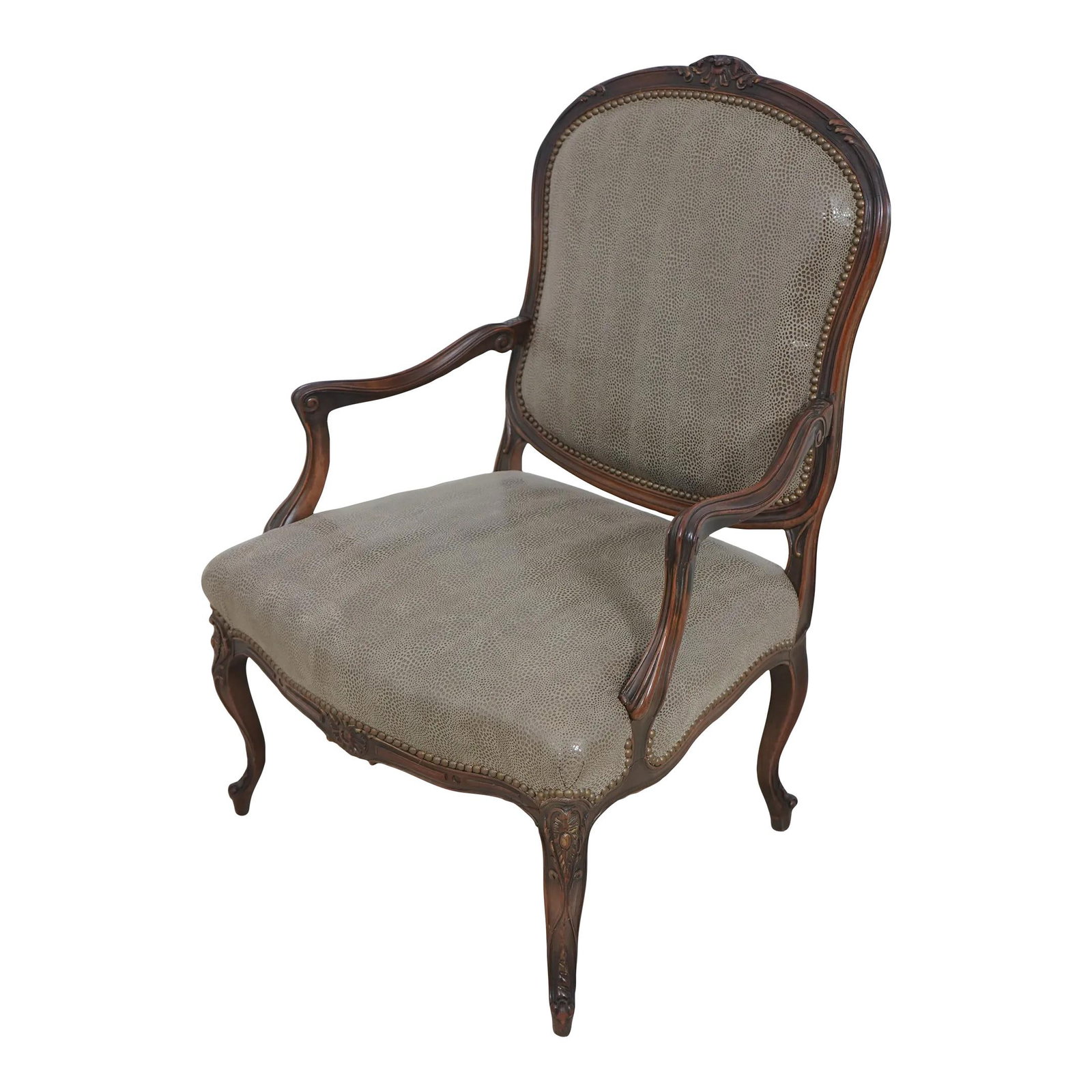 Vintage French Louis XV Snake Skin Print Leather Armchair: Vintage French Louis XV Snake Skin Print Leather Armchair This exquisite French Louis XV armchair features a striking textured snake skin print leather upholstery, showcasing fine carved details and h