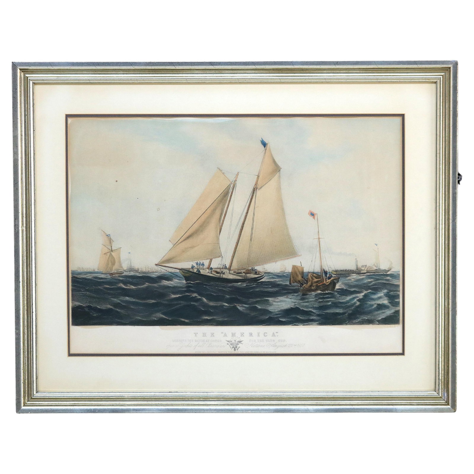 Antique Print of 'The America' by Oswald W. Brierly C1851: Antique Print of 'The America' by Oswald W. Brierly C1851 This antique seascape print features 'The America', celebrated as the winner of the Cowes Club Cup in 1851, created by renowned artist Oswald 