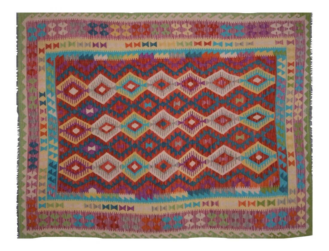 Afghan Maimana Kilim Rug in Organic Wool 6'1 x 8'3 Geometric Design (1 of 4)