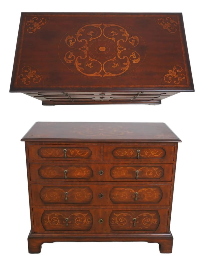 Italian Neoclassical Inspired Inlaid Wood Chest With Brass Hardware: Italian Neoclassical Inspired Inlaid Wood Chest With Brass Hardware This Italian Neoclassical style chest by Maitland Smith features intricate inlay work and factory distressed wood for a refined, cla