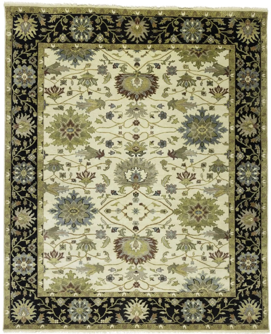 Hand-Knotted Floral Peshawar Area Rug 8'1 x 9'10 Wool Modern Carpet: Hand-Knotted Floral Peshawar Area Rug 8'1 x 9'10 Wool Modern Carpet This large handmade Osh Chobi Peshawar area rug features a floral pattern in cream, black, rusty red, tan, blue-gray, gold, olive, a