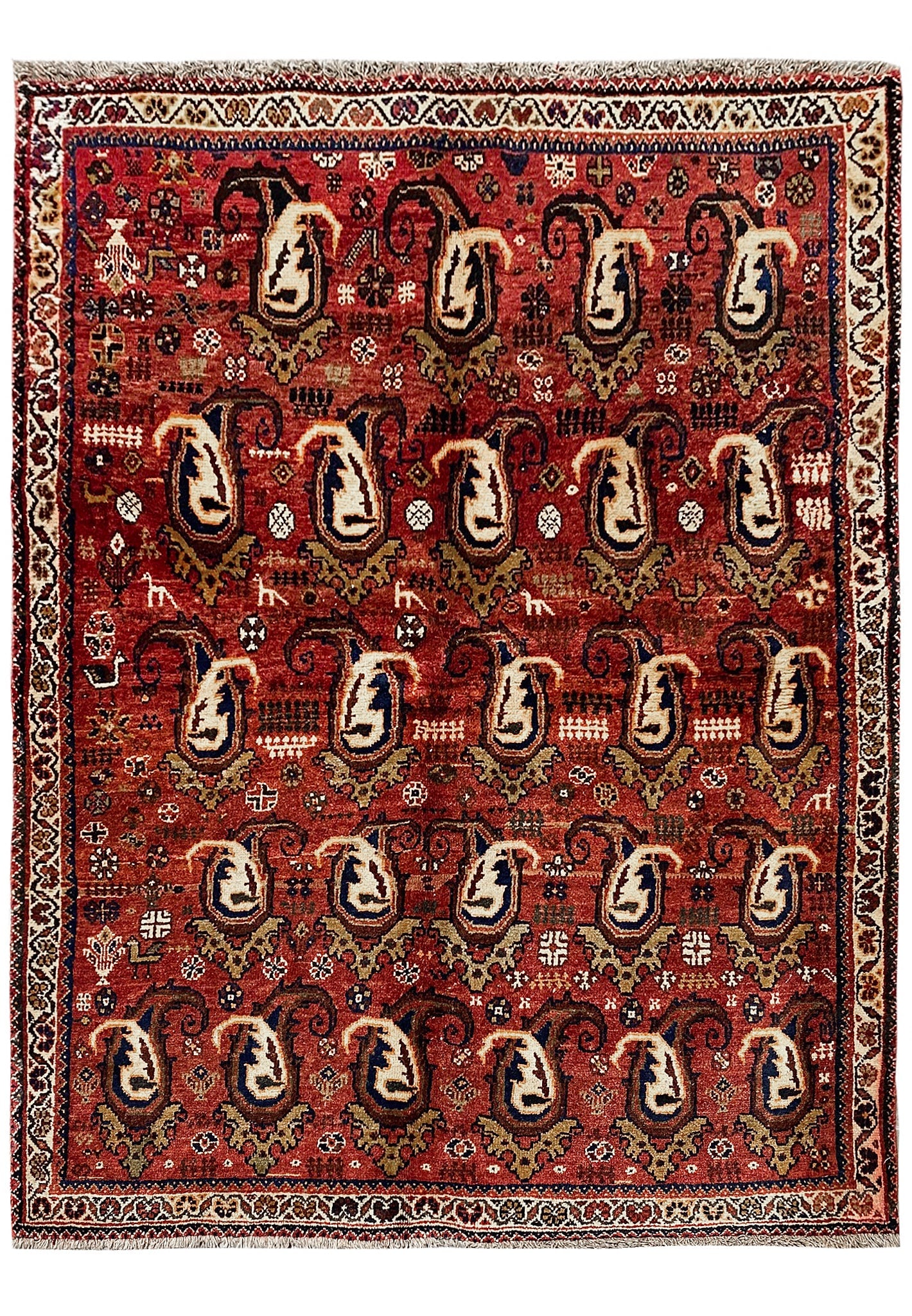 4.9 x 6 Hand-Knotted Wool Persian Qashqai Botteh Paisley Rug: 4.9 x 6 Hand-Knotted Wool Persian Qashqai Botteh Paisley Rug Free continental US Shipping This hand-knotted Persian Qashqai rug showcases the traditional Botteh (paisley) motif, a symbol of life and e