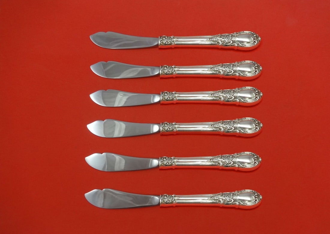 Lunt American Victorian Sterling Silver Trout Knife Set 6pc Custom 7.5": Lunt American Victorian Sterling Silver Trout Knife Set 6pc Custom 7.5" This exquisite 6-piece trout knife set is crafted in the elegant American Victorian pattern by Lunt, showcasing a perfect blend 