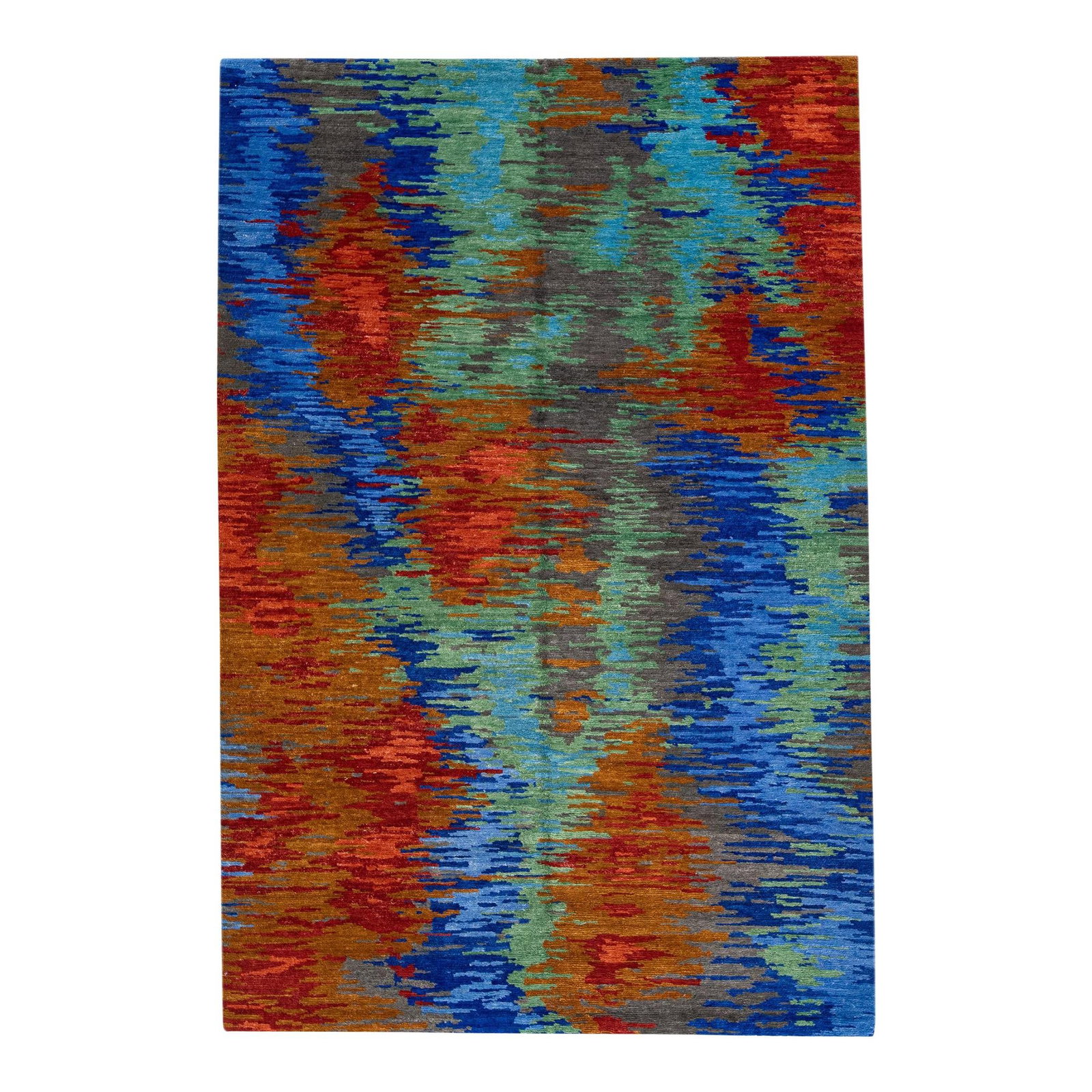 Handmade Tibetan Wool Silk Rug 6' x 9' Multicolor Abstract Design: Handmade Tibetan Wool Silk Rug 6' x 9' Multicolor Abstract Design Elevate your living space with this stunning modern Tibetan handmade rug, expertly crafted with a blend of wool and silk. Featuring a 