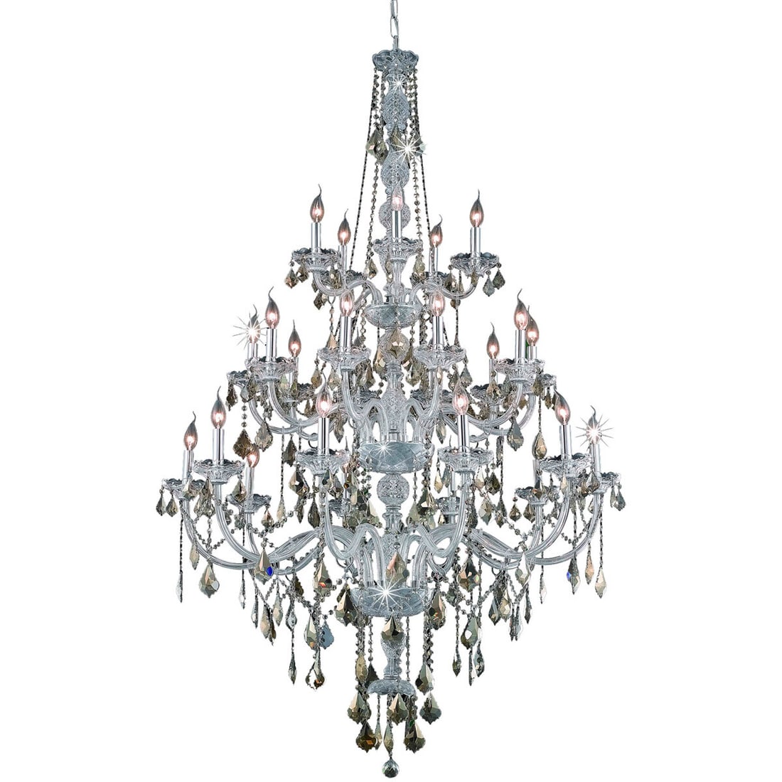 Verona 25 Light Crystal Chandelier Golden Teak Chrome 43in: Verona 25 Light Crystal Chandelier Golden Teak Chrome 43in This large, modern chandelier features a polished chrome frame adorned with royal cut golden teak crystals in the Venetian or Murano style. D