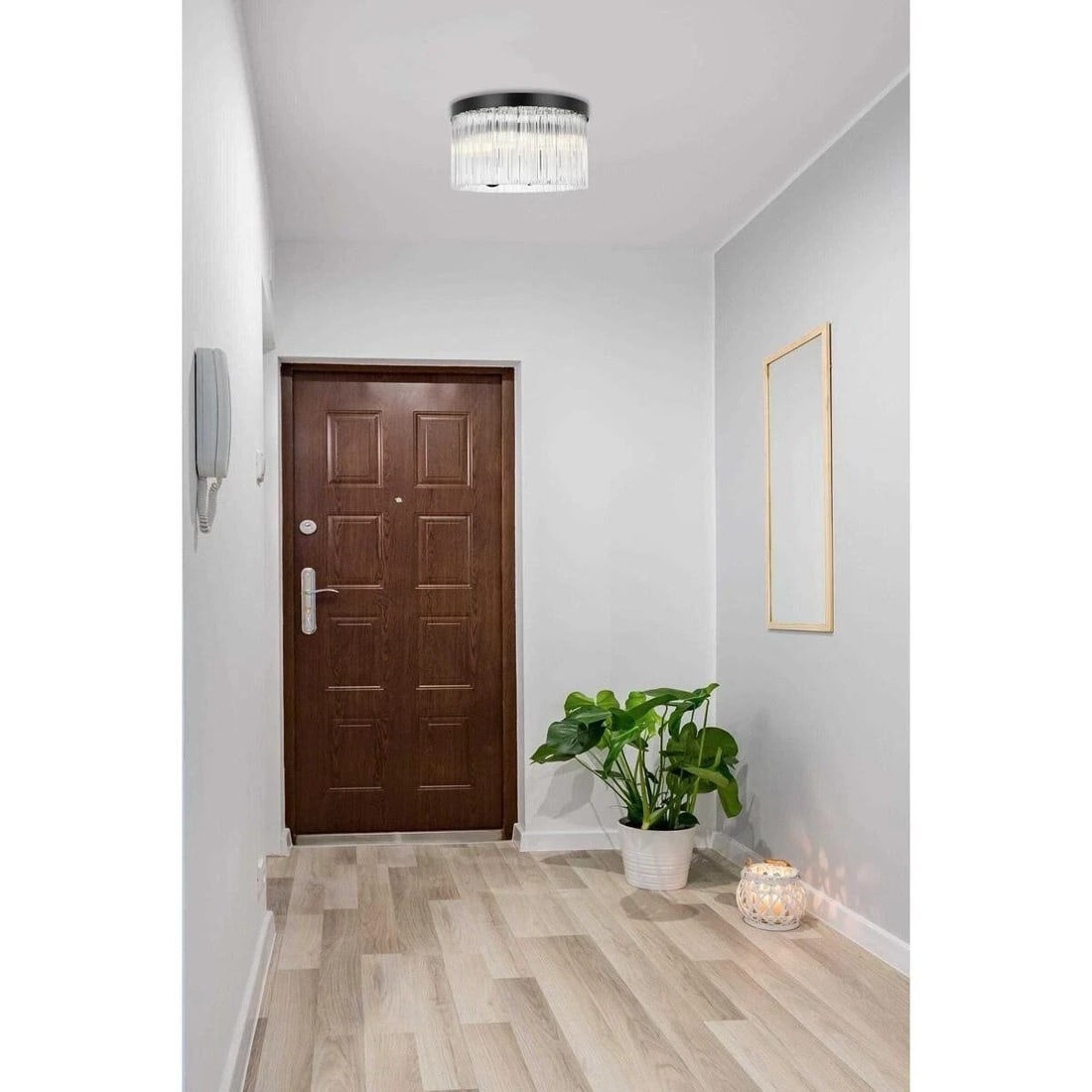 Harlow 4-Light Black Flush Mount Chandelier 16 inch Wide: Harlow 4-Light Black Flush Mount Chandelier 16 inch Wide This modern flush mount chandelier features a black finish and a round, clear glass shade, designed to complement a variety of interior spaces 