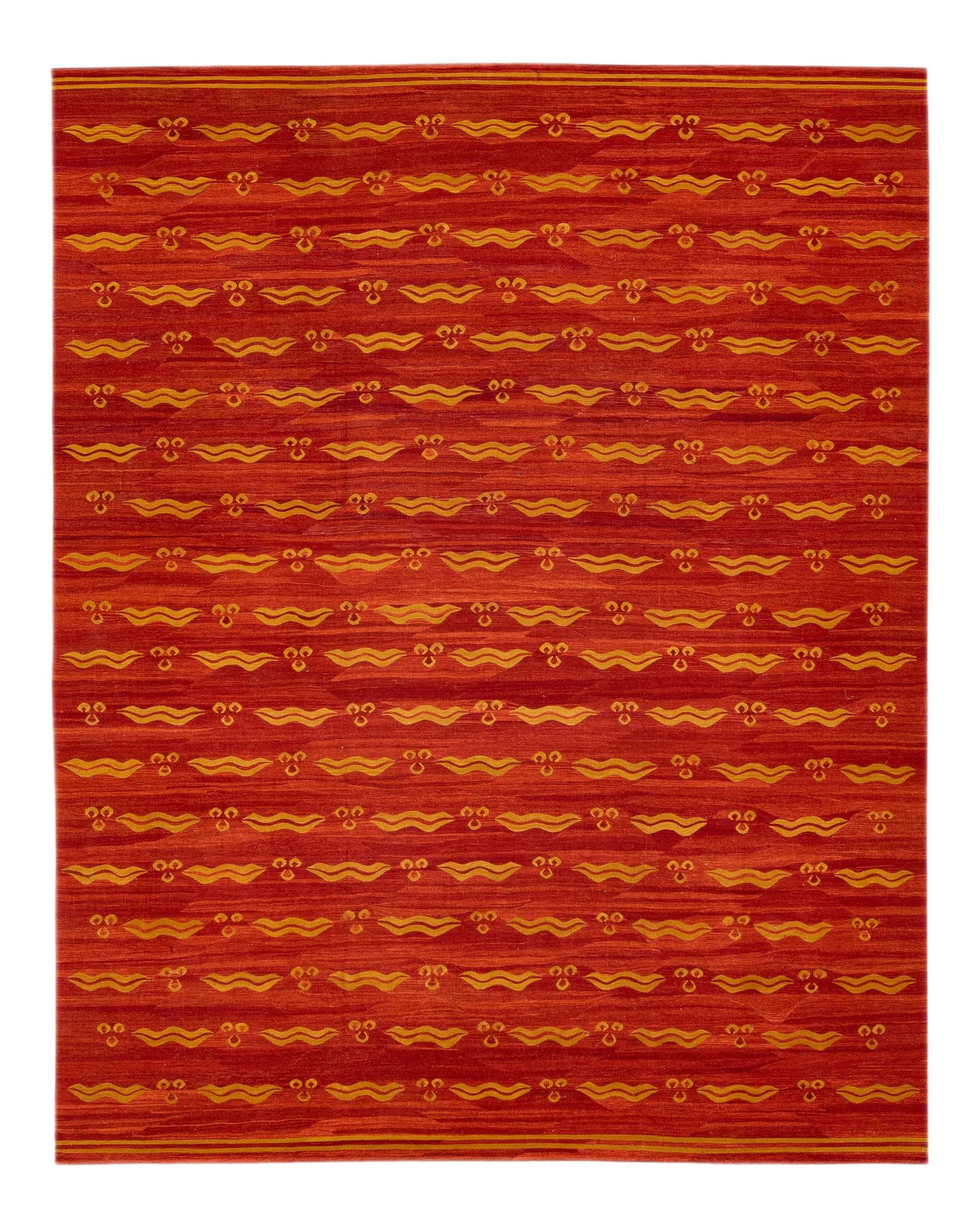 Modern Persian Kilim Wool Rug 10'3 x 12'11 Geometric Design: Modern Persian Kilim Wool Rug 10'3 x 12'11 Geometric Design Enhance your space with this stunning Modern Persian Kilim flatweave wool rug featuring a vibrant burnt orange field. Accented with goldenro
