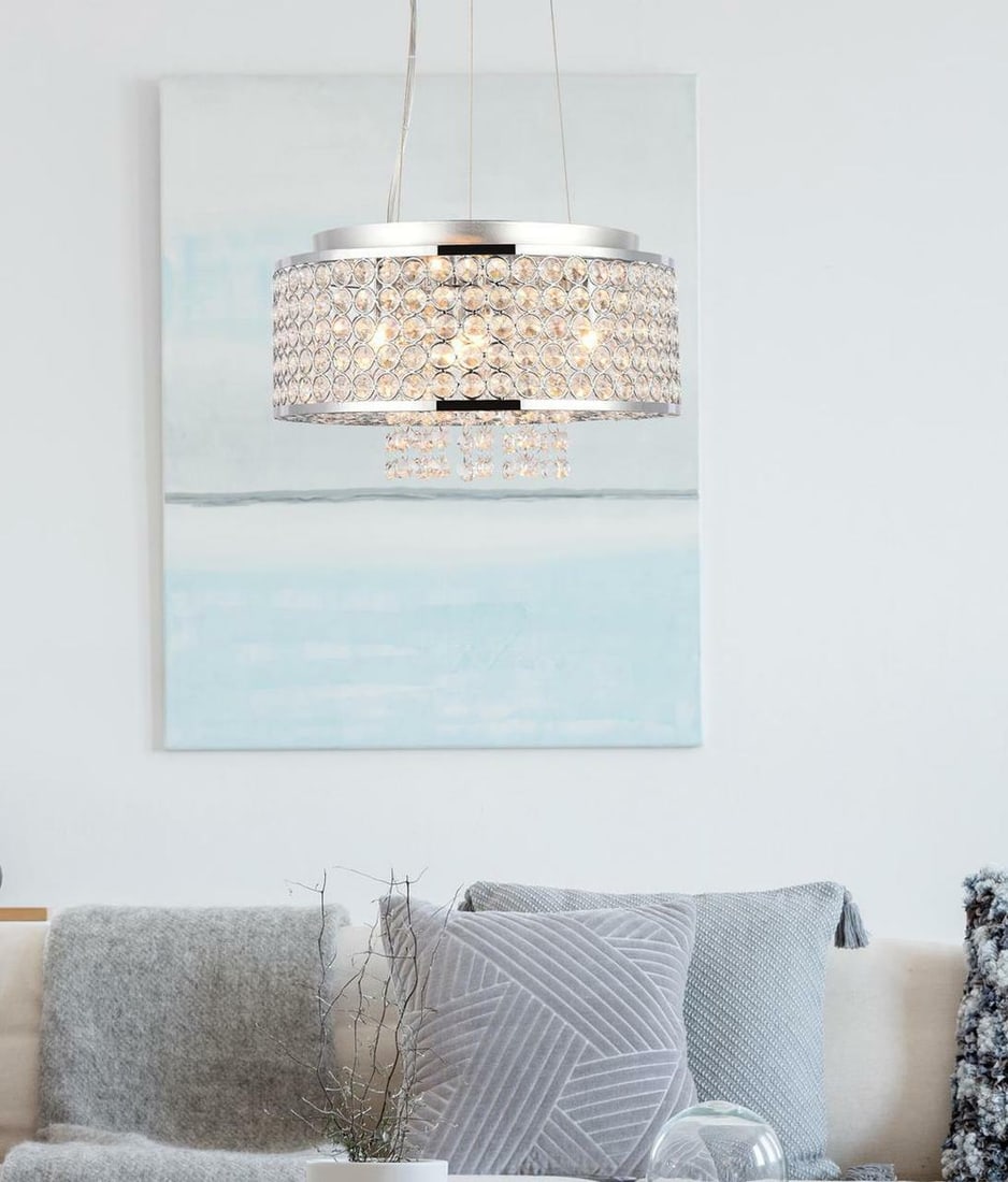 Amelie 4 Light Crystal Chrome Pendant 12 in: Amelie 4 Light Crystal Chrome Pendant 12 in Modern 4-light crystal pendant chandelier in a chrome finish, designed for indoor use in rooms such as the dining room, living room, bedroom, kitchen, and f