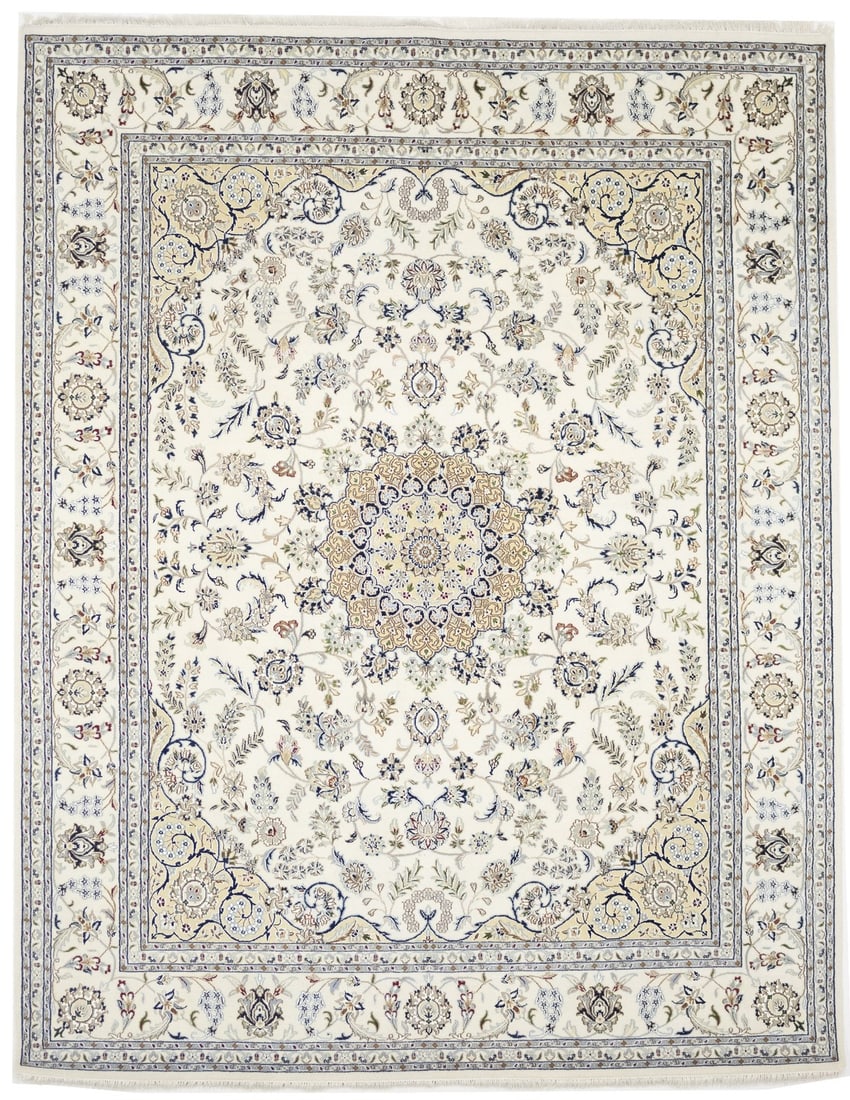 Handmade Indo-Nain Wool Area Rug 7'11 x 10'3 Modern Floral Medallion Design: Handmade Indo-Nain Wool Area Rug 7'11 x 10'3 Modern Floral Medallion Design This handmade Indo-Nain area rug features a classic floral medallion design, crafted using a knotted production technique. T