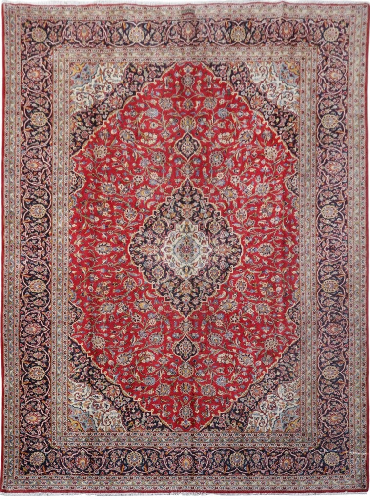 9.10 x 13.4 Signed Persian Kashan Rug Handcrafted Wool Red Design: 9.10 x 13.4 Signed Persian Kashan Rug Handcrafted Wool Red Design Free continental US Shipping Experience the luxury of a handcrafted Persian Kashan rug, measuring 9.10' x 13.4' (approximately 118 in 