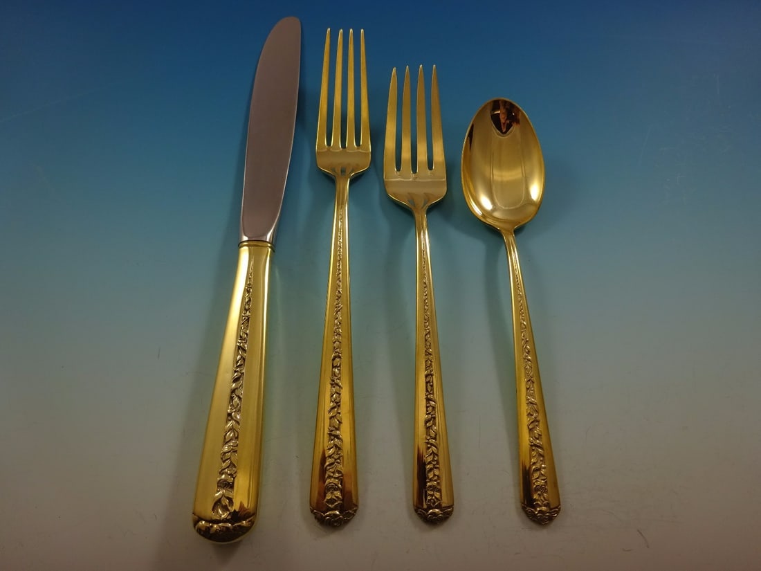 Towle Rambler Rose Gold Vermeil Flatware Set 24 Pieces Service for 6: Towle Rambler Rose Gold Vermeil Flatware Set 24 Pieces Service for 6 Elevate your dining experience with the Rambler Rose Gold Flatware Set by Towle, featuring exquisite vermeil finish. This stunning 