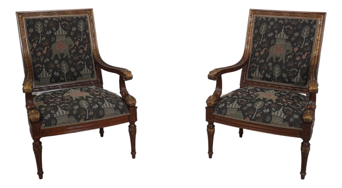 Elegant Pair of Louis XVI Gilded Armchairs with New Upholstery: Elegant Pair of Louis XVI Gilded Armchairs with New Upholstery This exquisite pair of Louis XVI style armchairs showcases fine carved details and quality construction, embodying an impressive and eleg