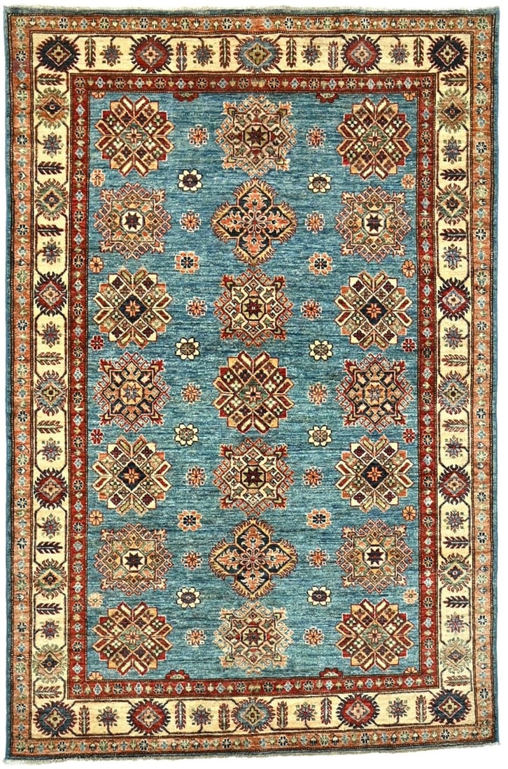 Hand-Knotted Wool Geometric Tribal Area Rug 4'11 x 7'1 Blue Modern Decor: Hand-Knotted Wool Geometric Tribal Area Rug 4'11 x 7'1 Blue Modern Decor This hand-knotted Kazak area rug features a striking tribal geometric pattern in shades of blue, cream, rusty red, green, peach