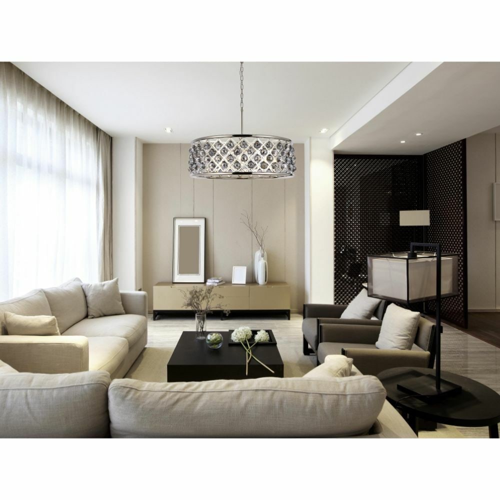 Madison 8-Light Polished Nickel Crystal Chandelier 32 Inch: Madison 8-Light Polished Nickel Crystal Chandelier 32 Inch This modern crystal chandelier features a polished nickel finish and is designed to be installed over a living room coffee table or in other 