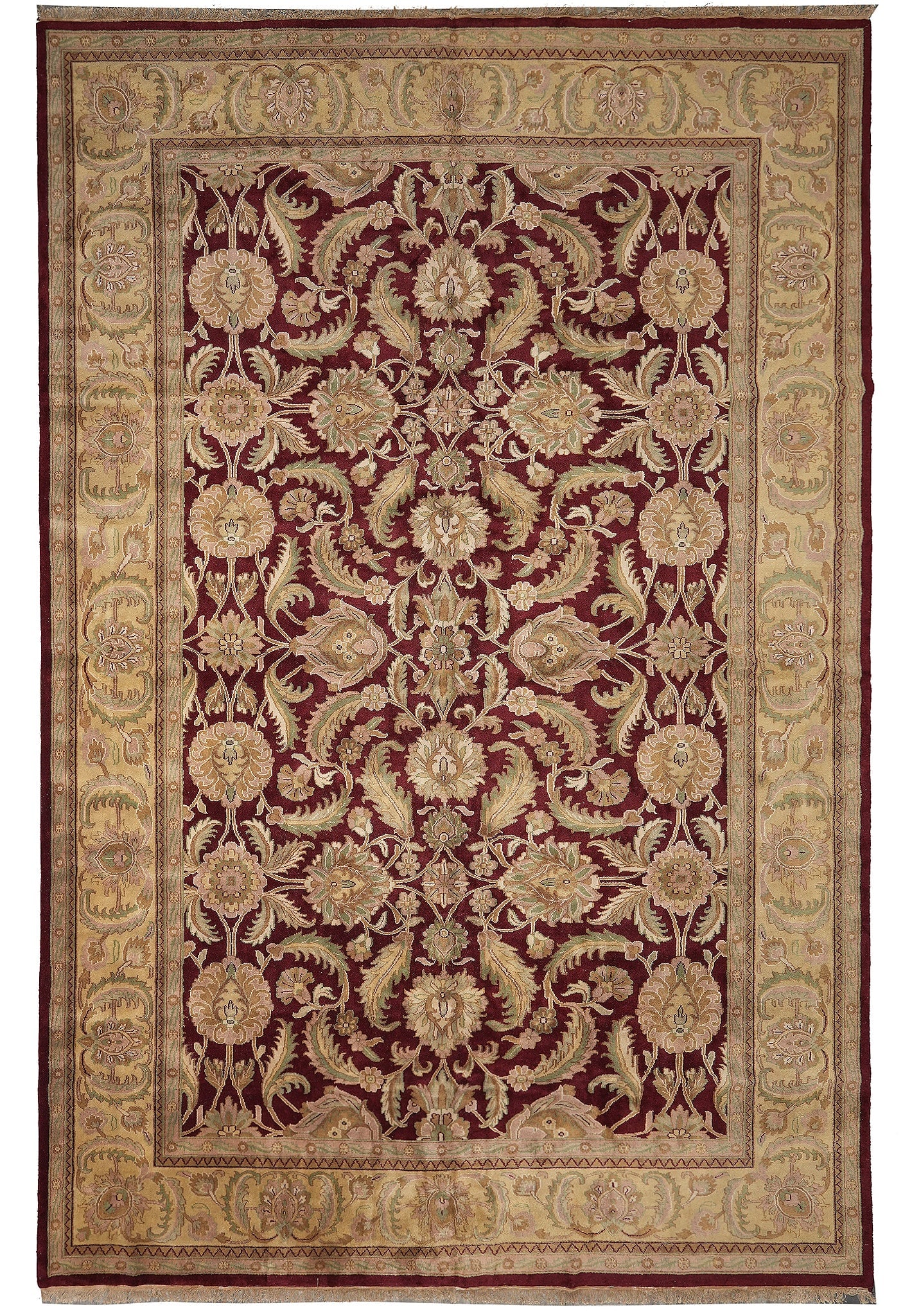 12.3 x 18 Hand-Knotted Agra Wool Rug Burgundy Gold: 12.3 x 18 Hand-Knotted Agra Wool Rug Burgundy Gold Free continental US Shipping This hand-knotted Agra rug features a classic botanical design in a burgundy and gold palette. Crafted from wool and mad