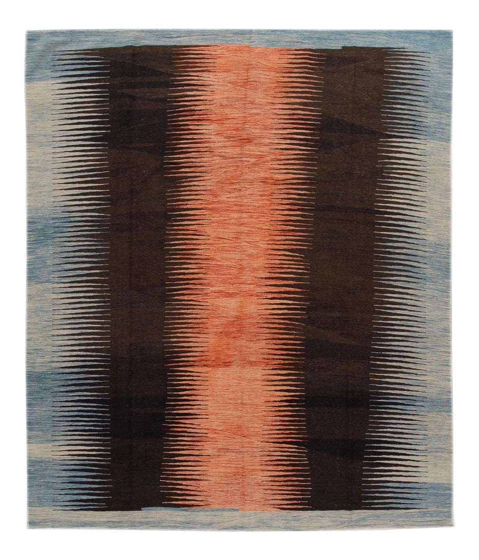 Stunning Modern Expressionist Wool Kilim Rug 8'1" x 9'8": Stunning Modern Expressionist Wool Kilim Rug 8'1" x 9'8" This stunning Modern Expressionist flat-weave Kilim rug showcases a beautiful geometric design featuring a captivating blend of blue, brown, an